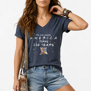 250 Years America Turns Friends Font Women V Neck T Shirt Patriotic Cowgirl Boots Top