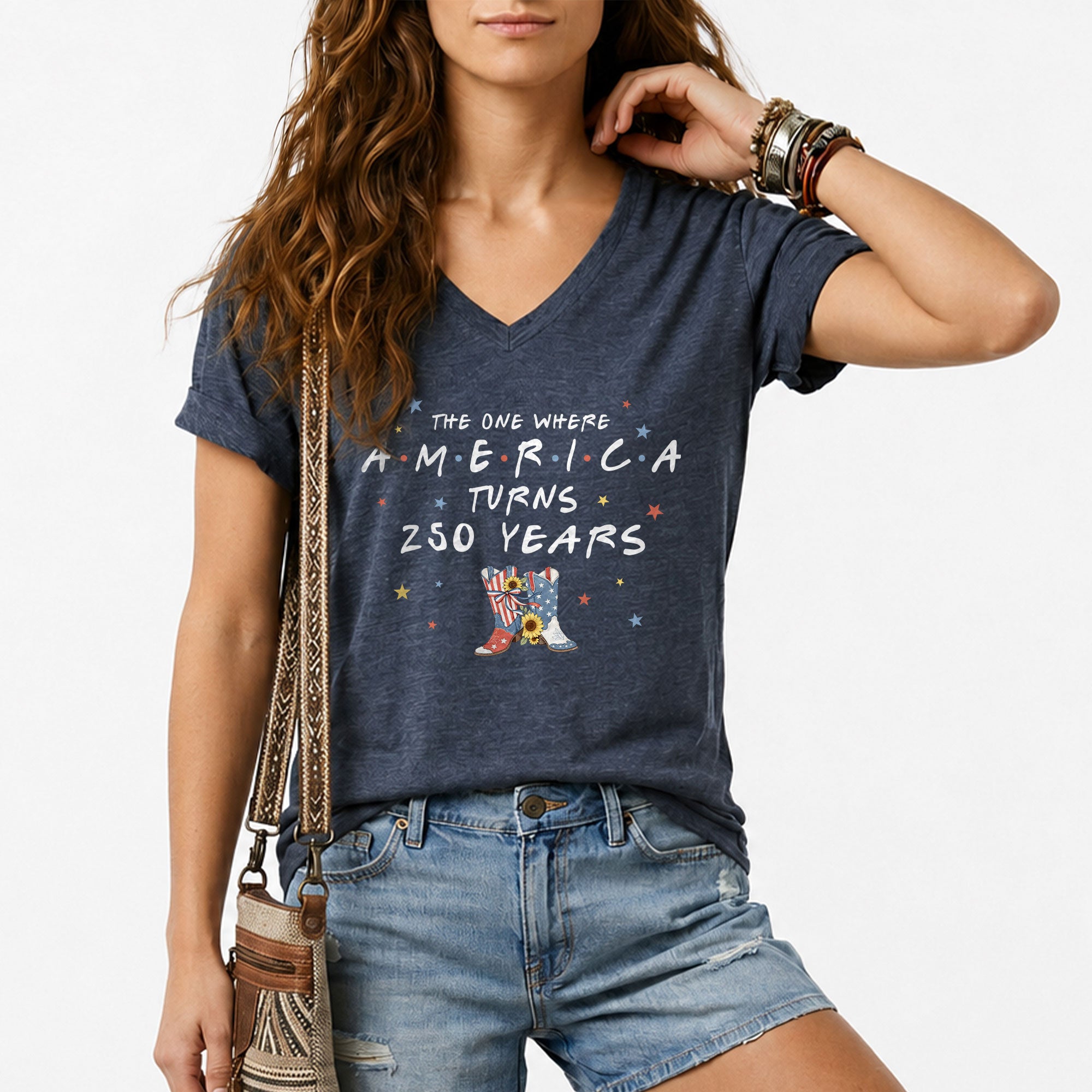 250 Years America Turns Friends Font Women V Neck T Shirt Patriotic Cowgirl Boots Top