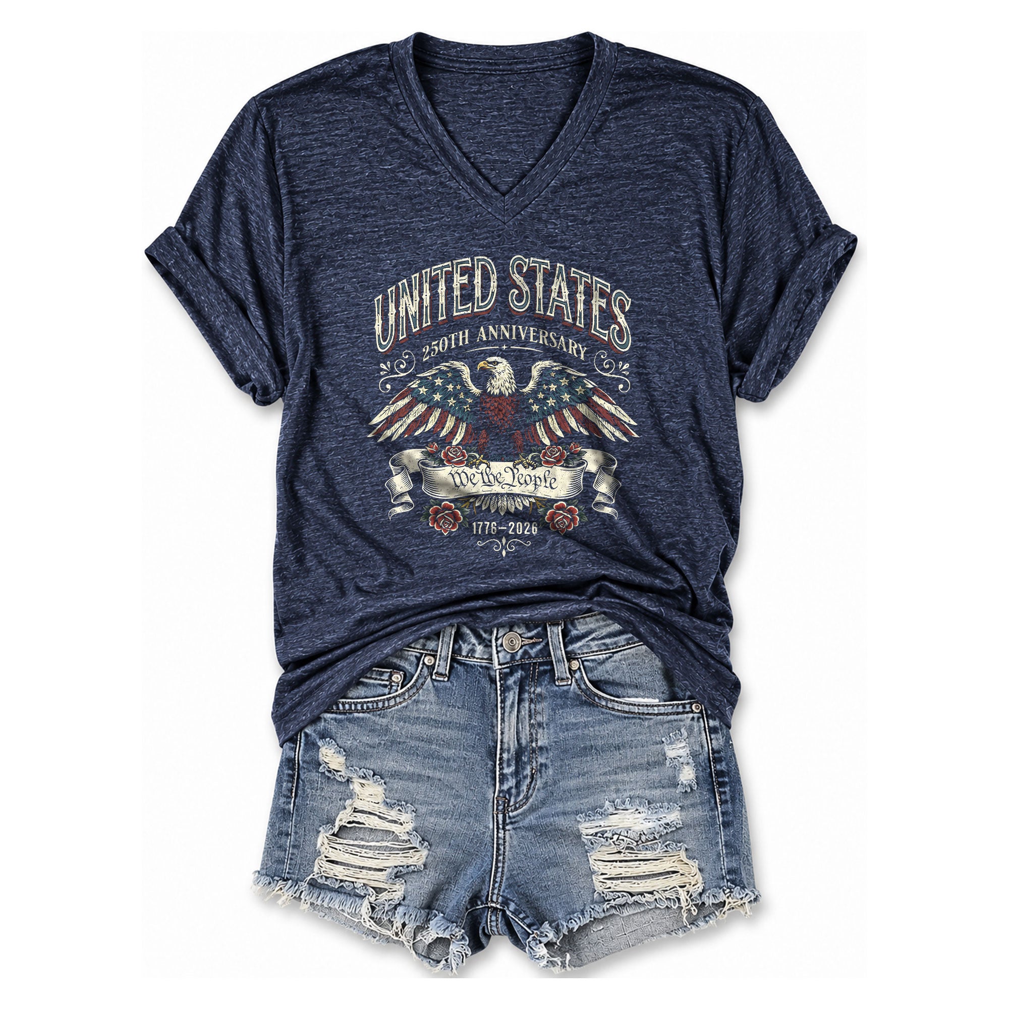Womens 250th Anniversary V Neck Shirt Vintage Patriotic Eagle Rose 1776 2026 Tee