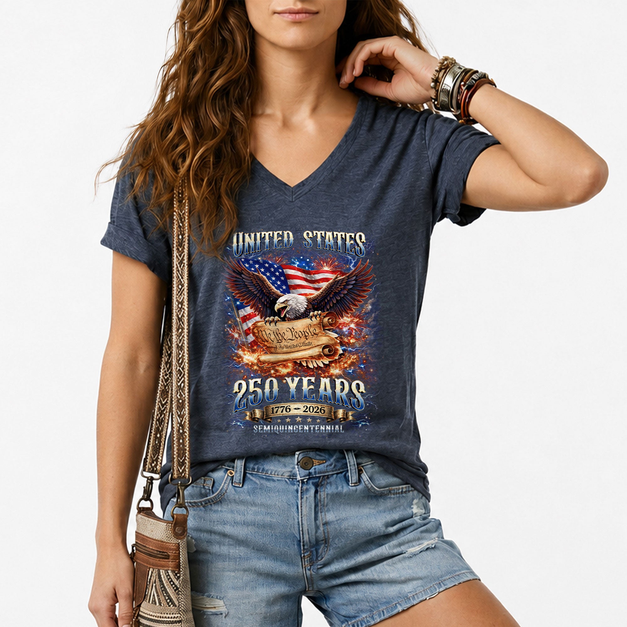 United States 250 Years Womens V Neck Shirt Retro We The People Firework Eagle Top