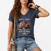 Patriotic Ship Womens V Neck Shirt Cool Military Flag Vintage 250 Years 1776 2026 Tee
