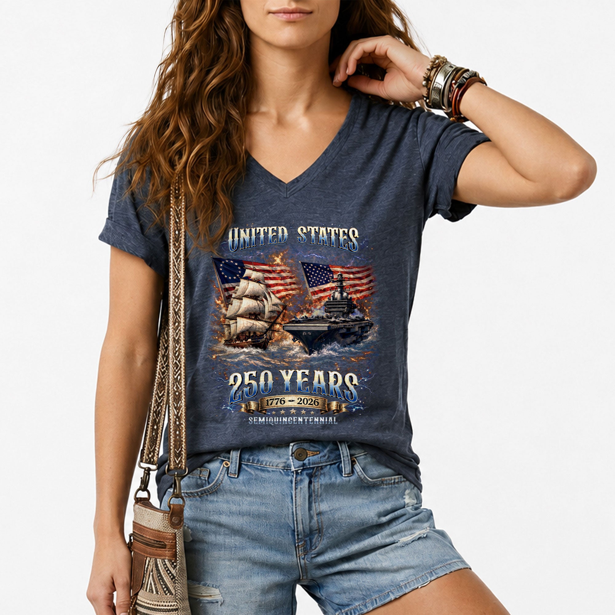 Patriotic Ship Womens V Neck Shirt Cool Military Flag Vintage 250 Years 1776 2026 Tee