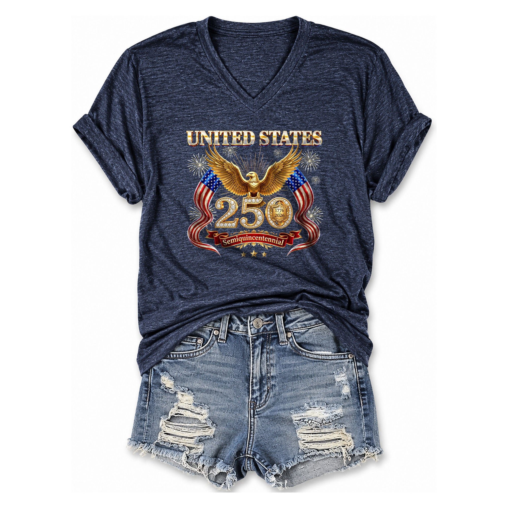 United States 250 Year Anniversary T Shirt Patriotic American V Neck Graphic Tee Unisex