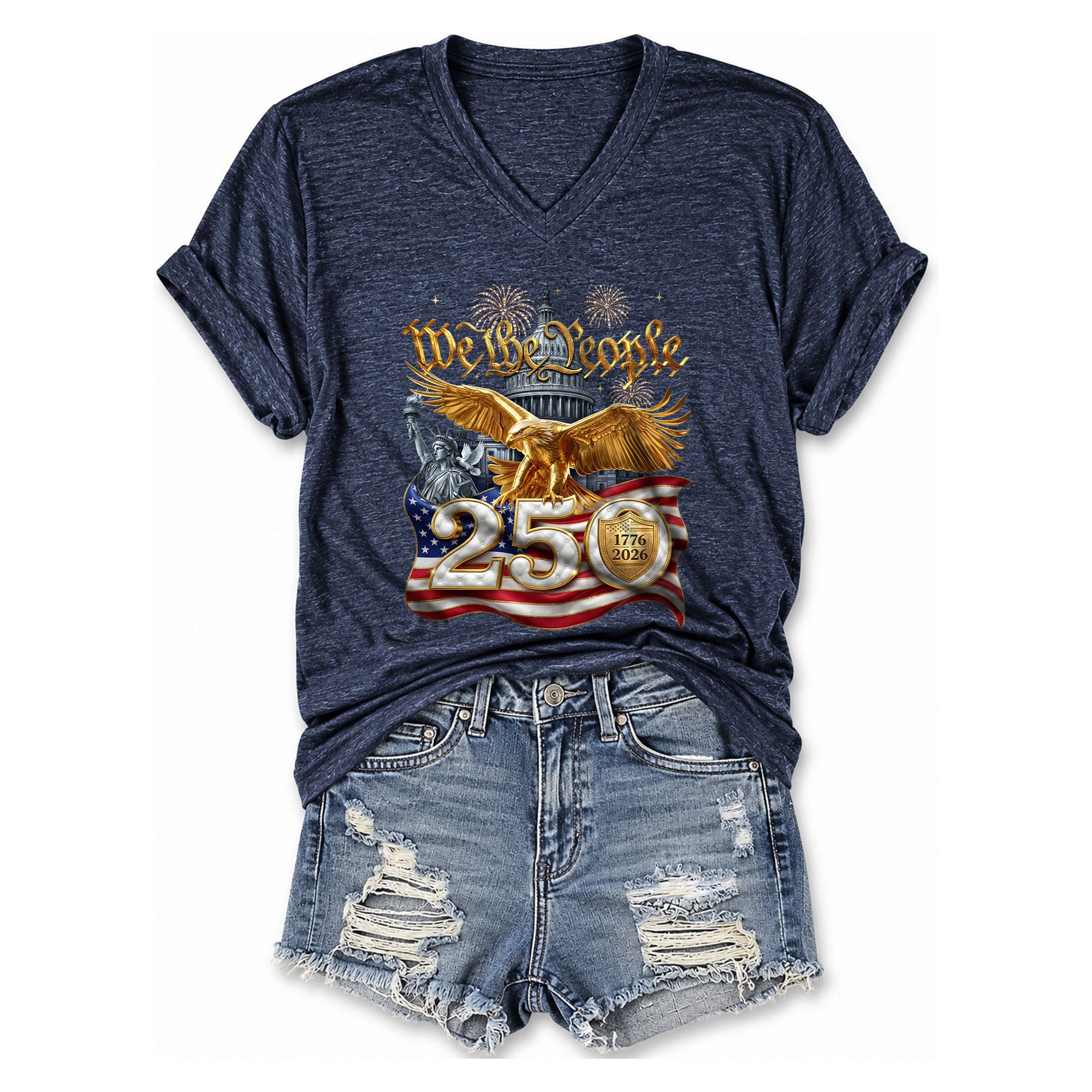 We The People 250 Year Anniversary T Shirt Patriotic American V Neck Graphic Tee Unisex