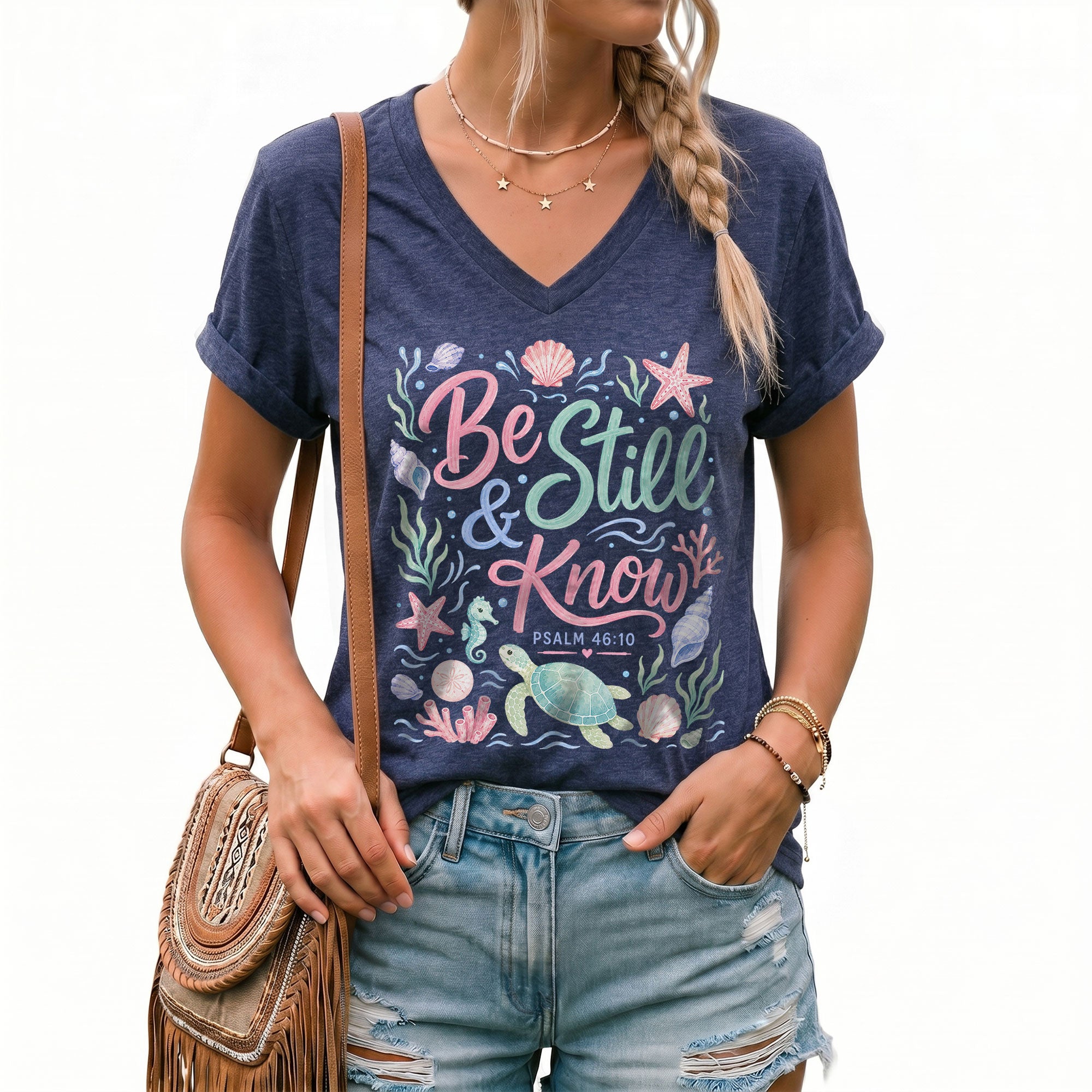 Be Still And Know Sea Turtle Ocean Psalm 46 10 Graphic Christian V Neck Shirt Women