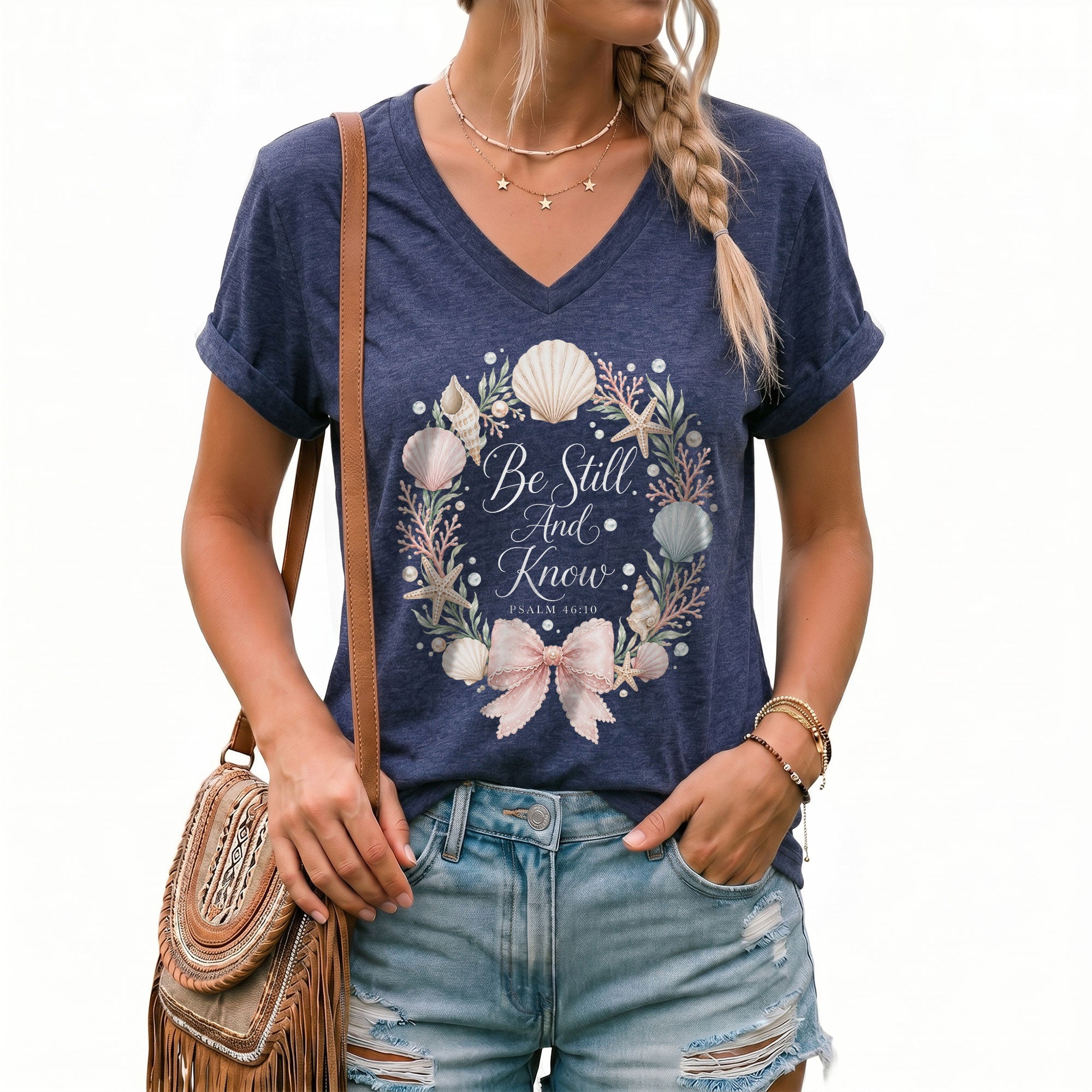 Be Still And Know Seashell Floral Wreath Psalm 46 10 Christian V Neck Shirt Women
