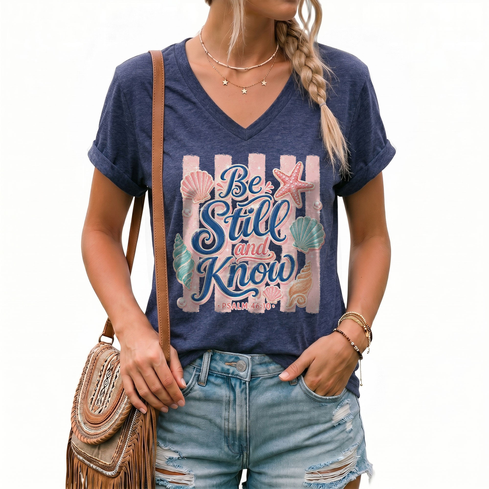 Be Still And Know Pink Stripes Seashells Psalm 46 10 Christian V Neck Shirt Women
