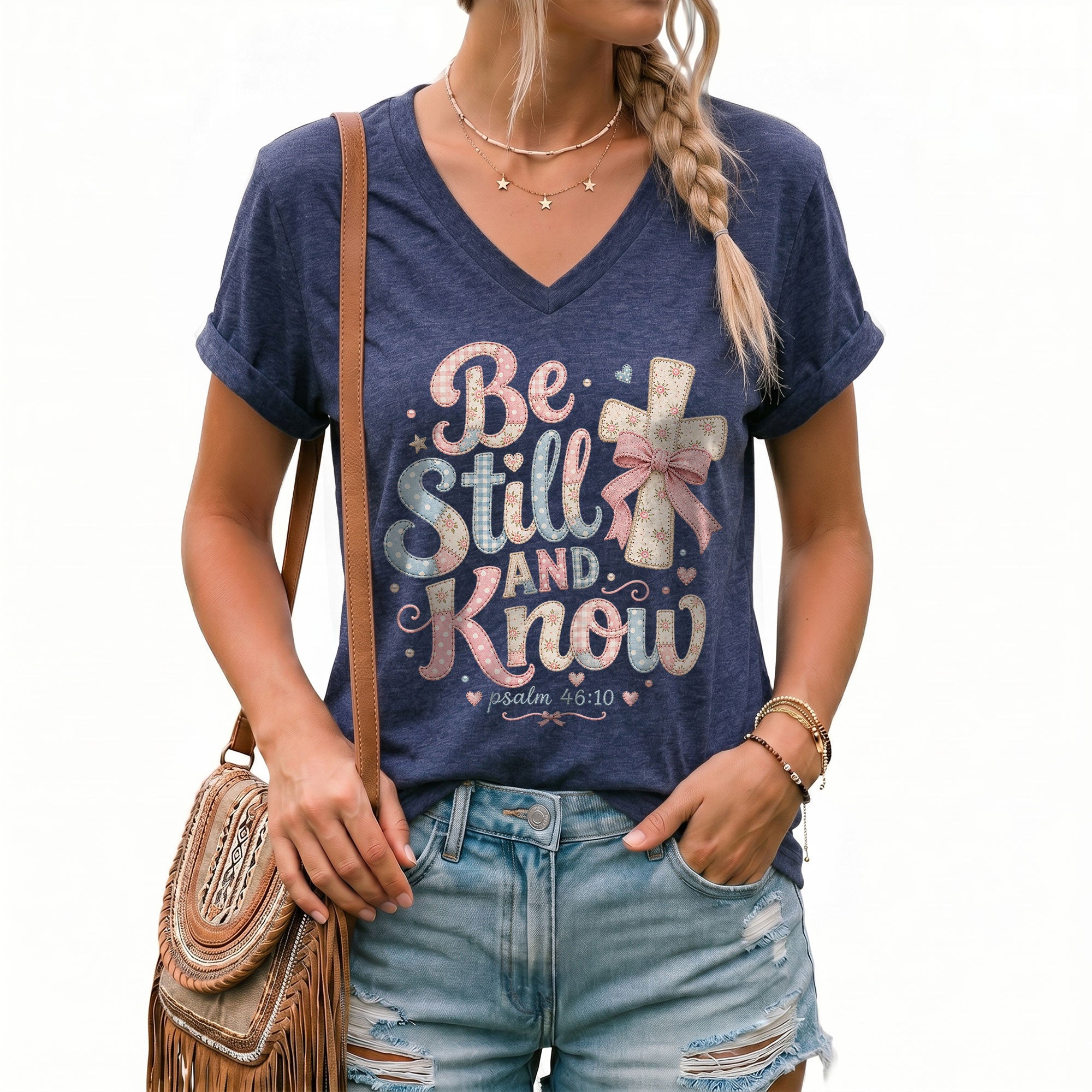 Be Still And Know Pastel Patchwork Cross Psalm 46 10 Christian V Neck Shirt Women