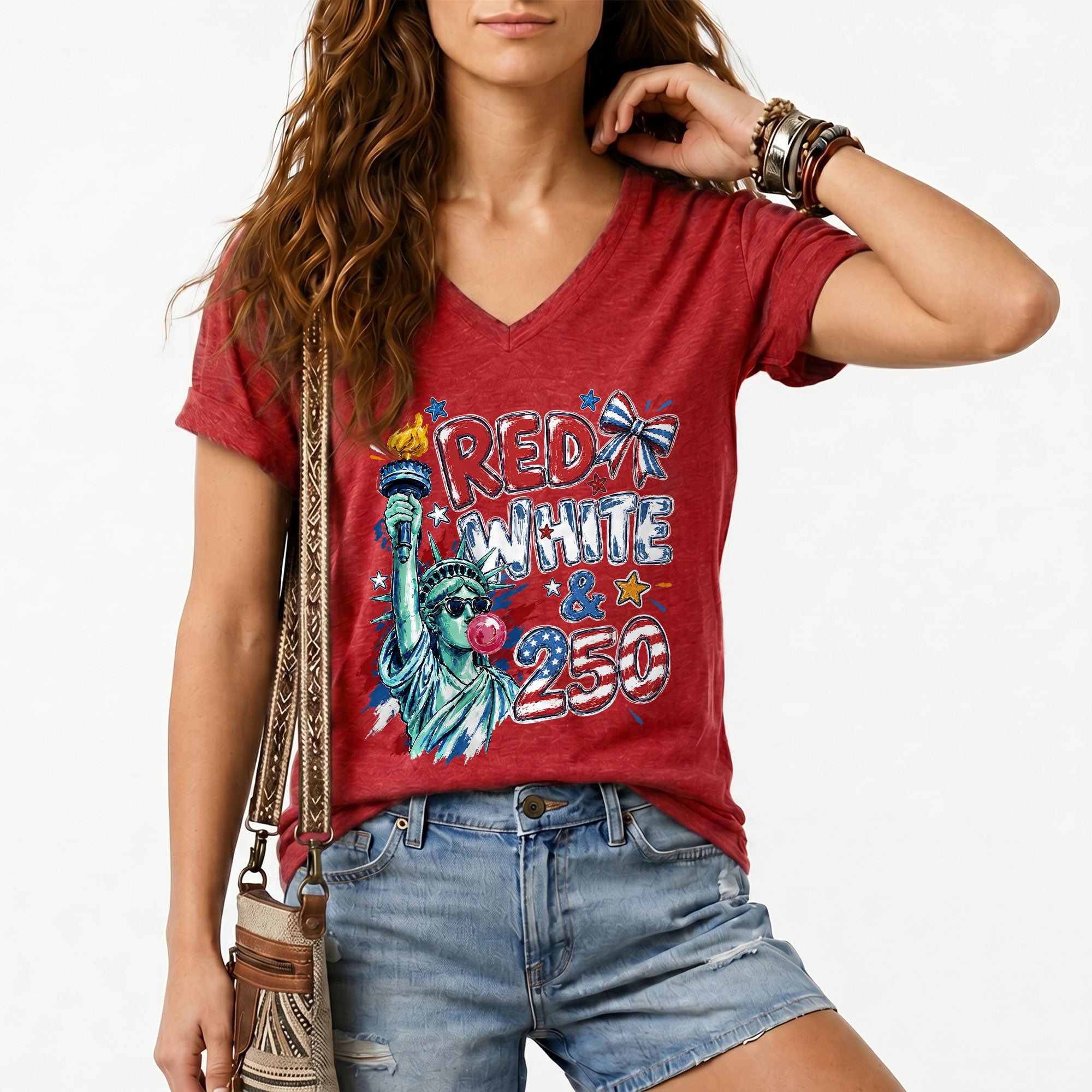 Red White & 250 Patriotic V-Neck T-Shirt for Women Vintage USA Graphic Tee