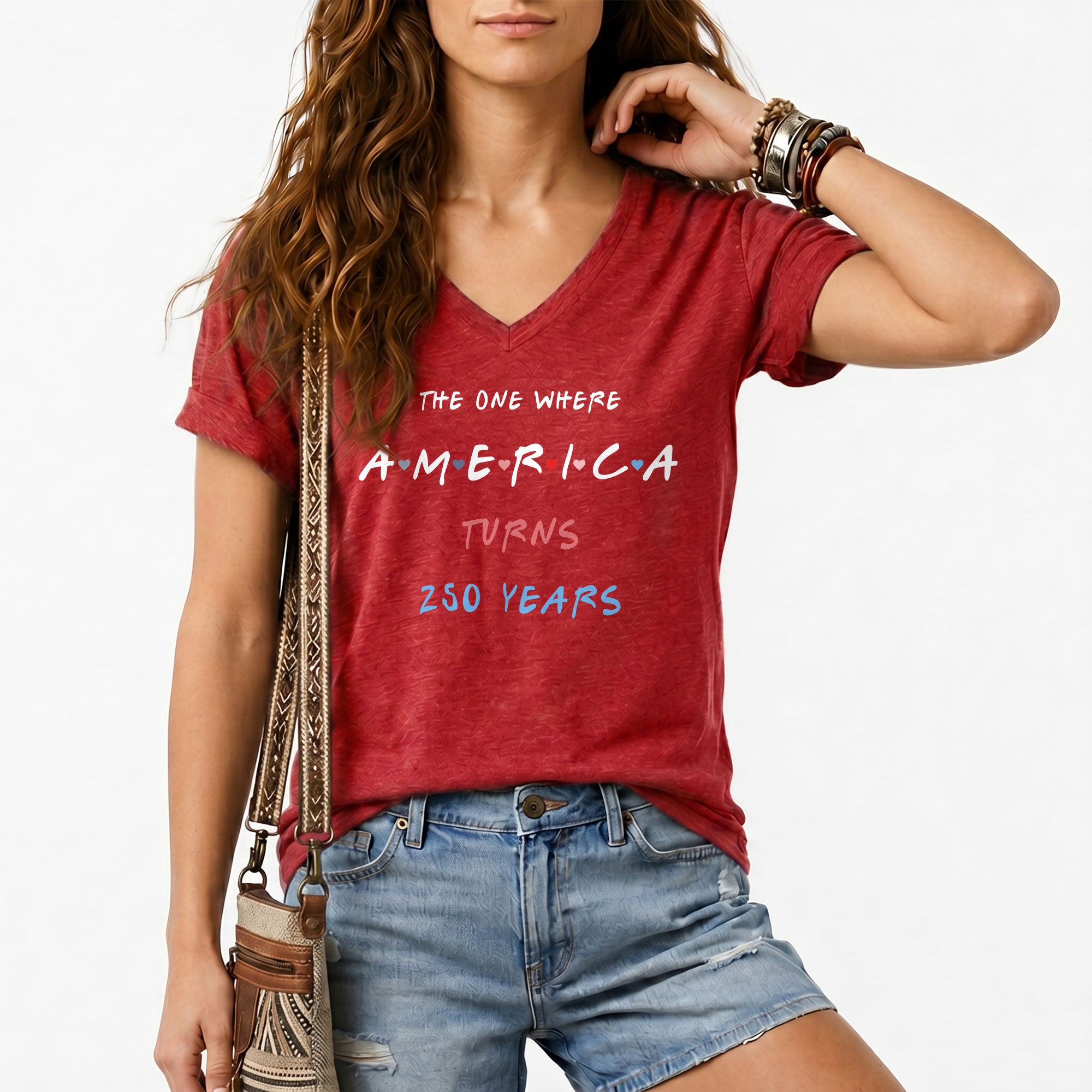 Women V Neck T Shirt America Turns 250 Years Patriotic Friends Font Graphic Tee