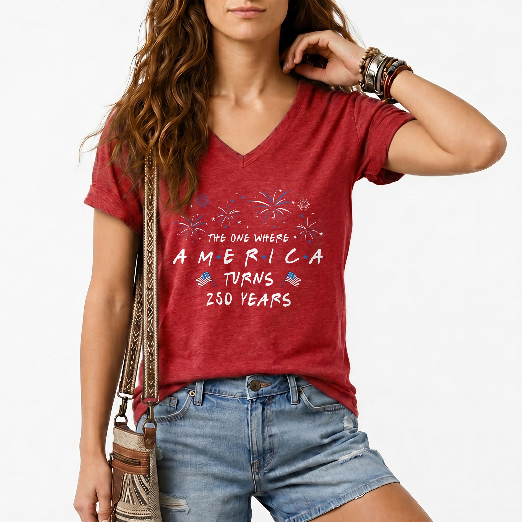 Women V Neck T Shirt America Turns 250 Years Patriotic Fireworks Friends Font Tee