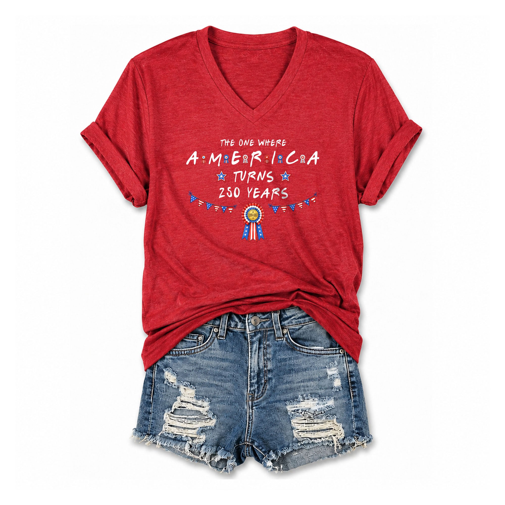 Patriotic Ribbon Bunting America Turns 250 Years Women V Neck T Shirt Heather Navy Tee