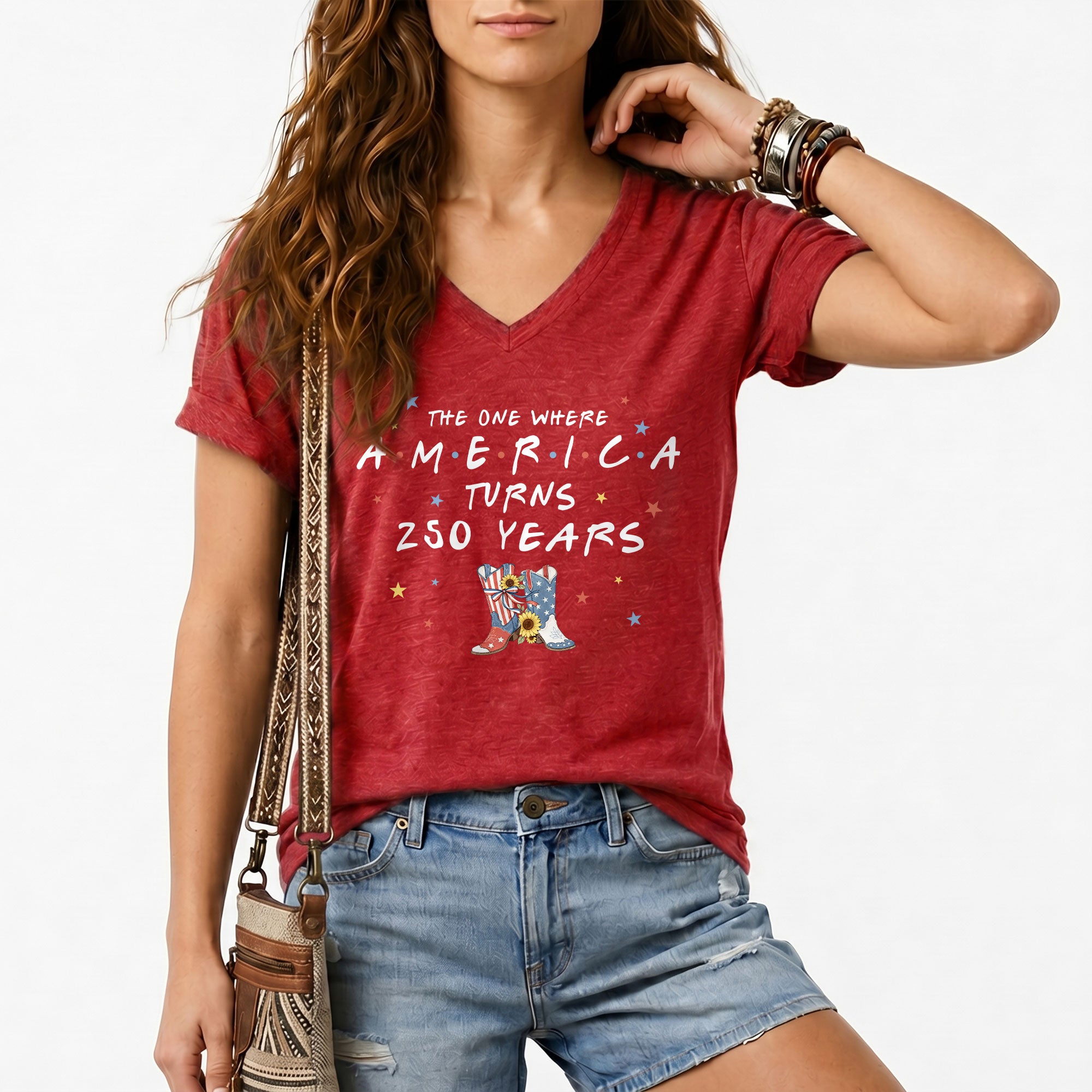 250 Years America Turns Friends Font Women V Neck T Shirt Patriotic Cowgirl Boots Top