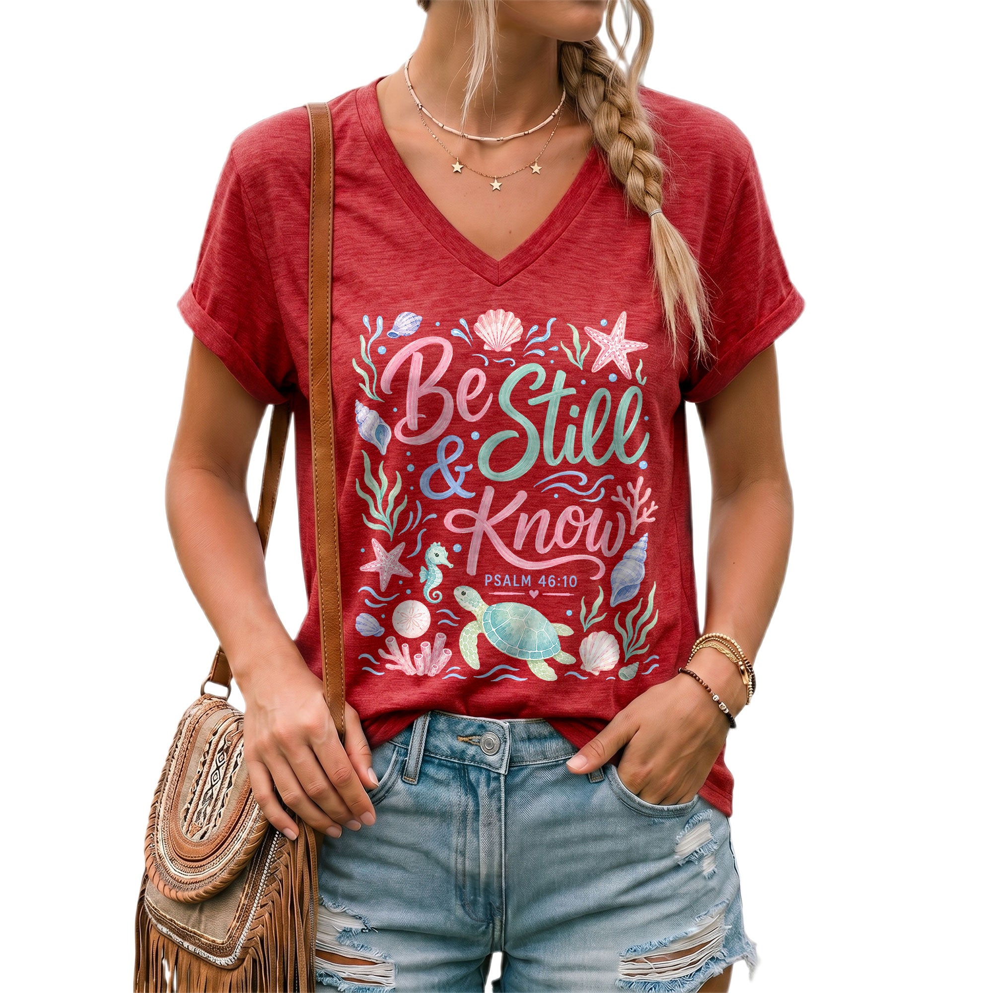 Be Still And Know Sea Turtle Ocean Psalm 46 10 Graphic Christian V Neck Shirt Women
