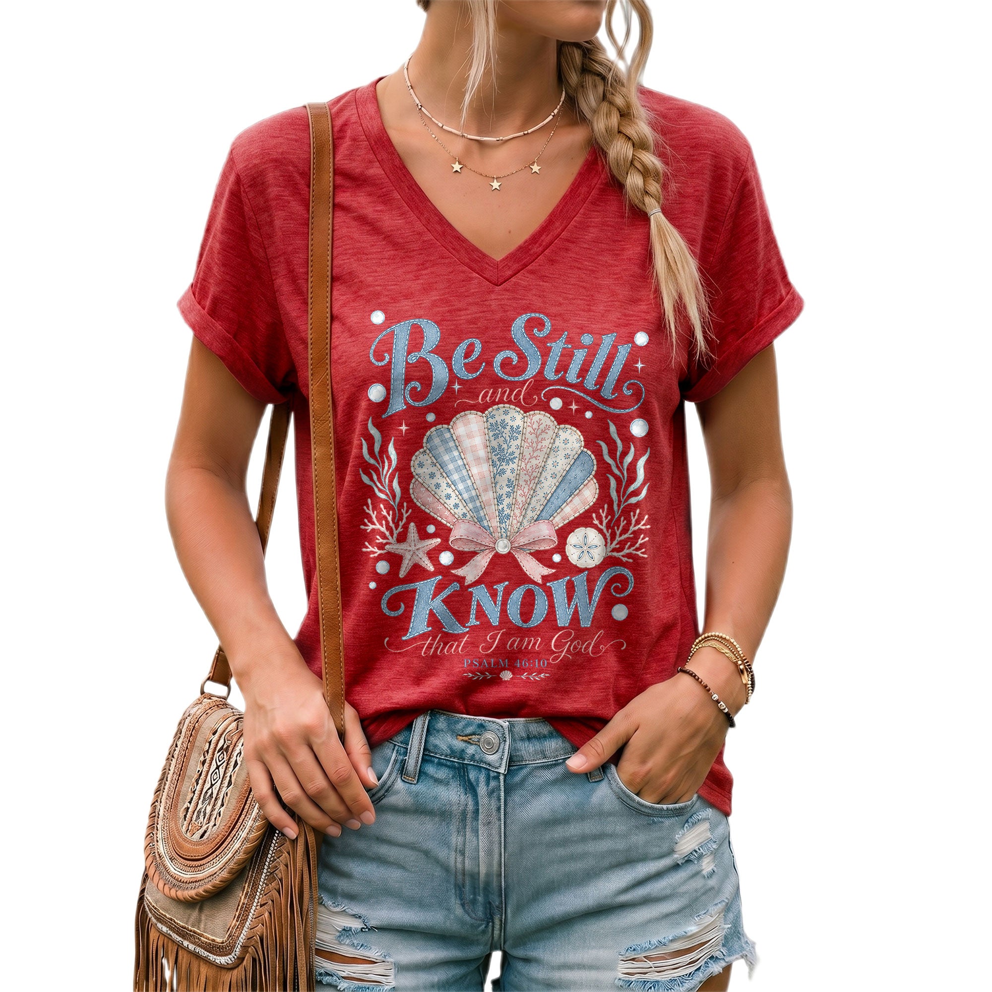 Be Still And Know That I Am God Seashell Psalm 46 10 Christian V Neck Shirt Women