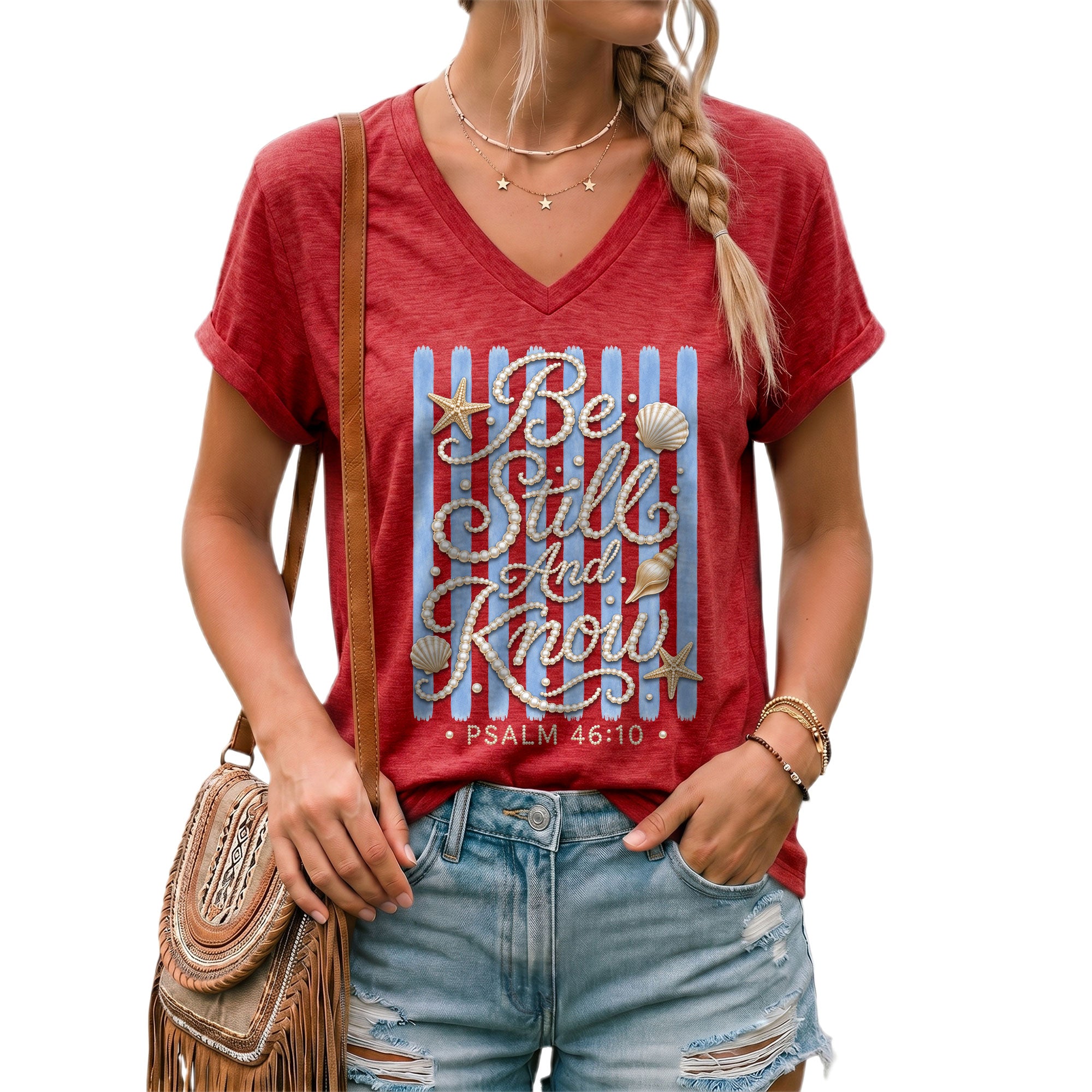 Be Still And Know Pearl Stripes Seashells Psalm 46 10 Christian V Neck Shirt Women