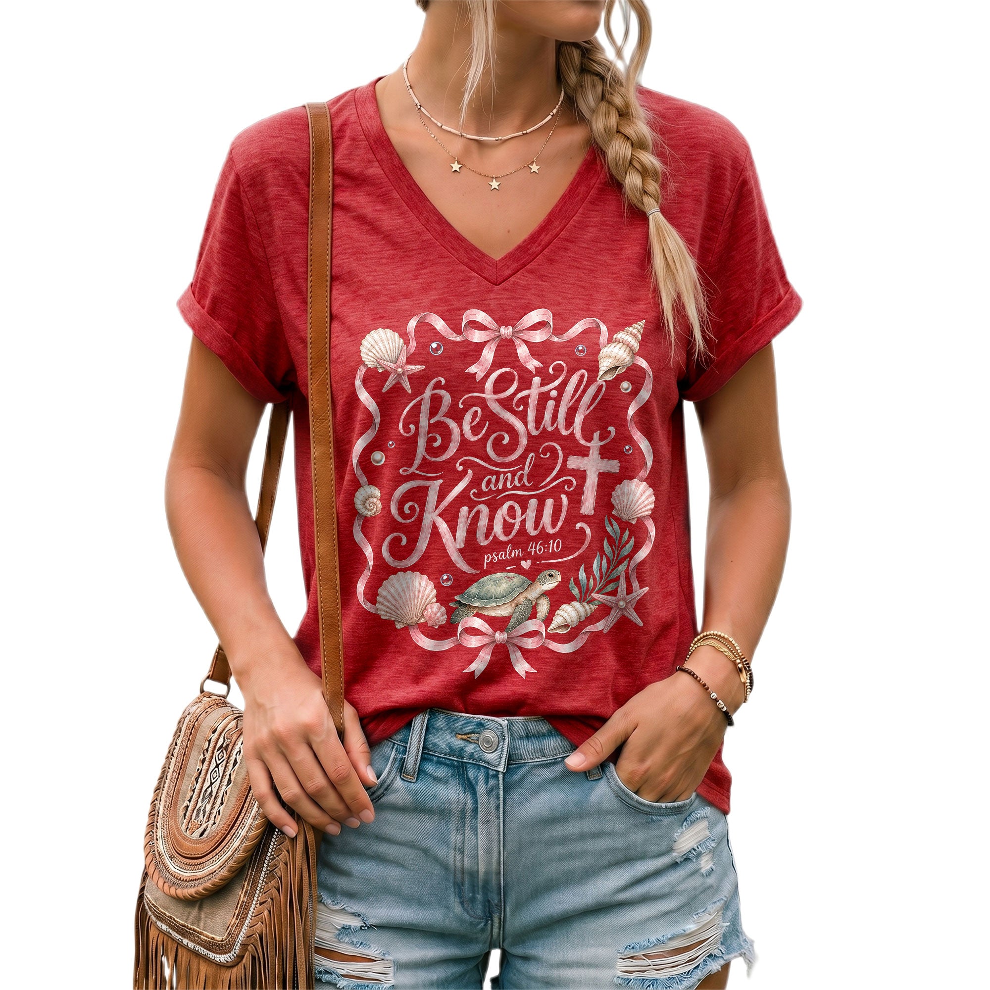 Be Still And Know Sea Turtle Ribbon Cross Psalm 46 10 Christian V Neck Shirt Women