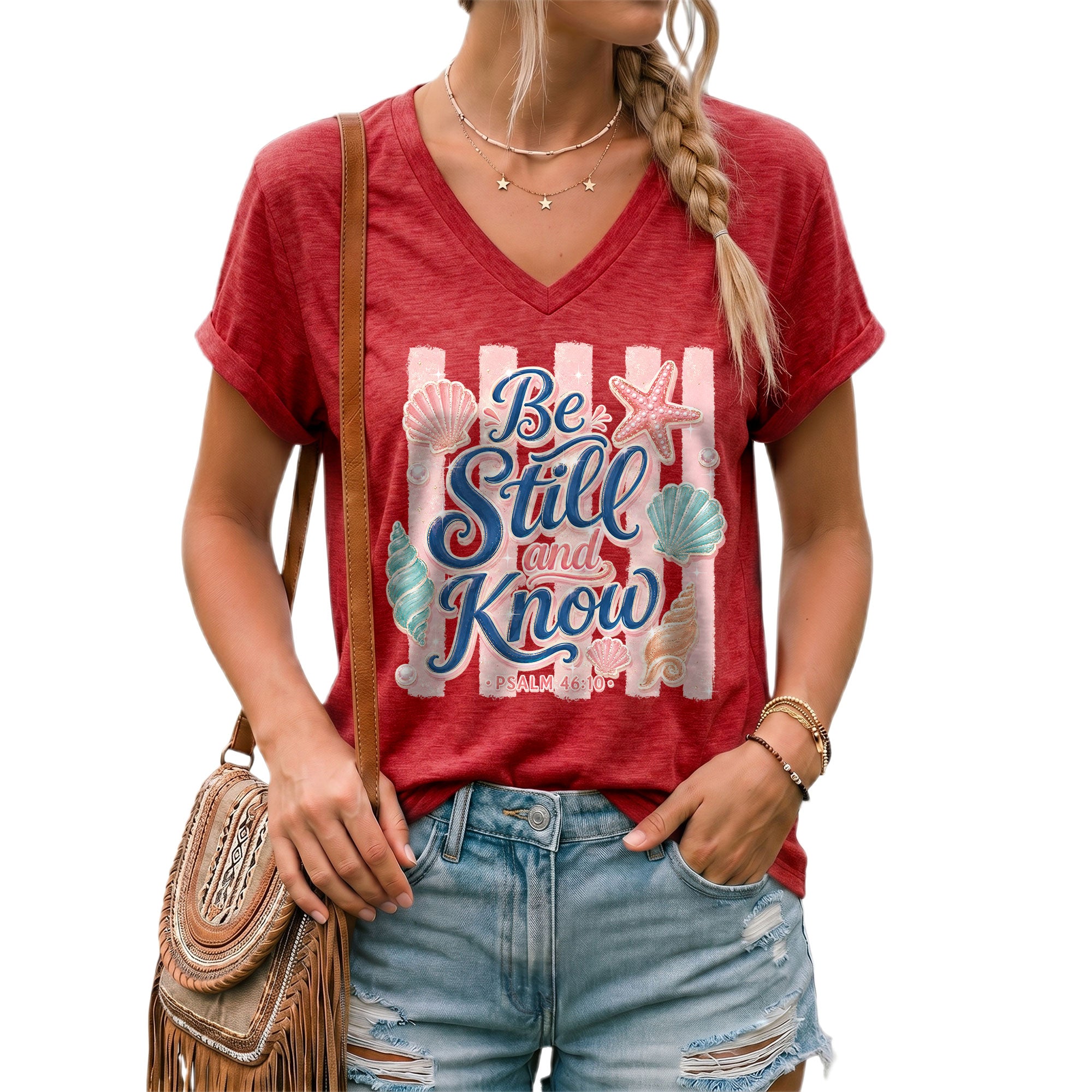 Be Still And Know Pink Stripes Seashells Psalm 46 10 Christian V Neck Shirt Women