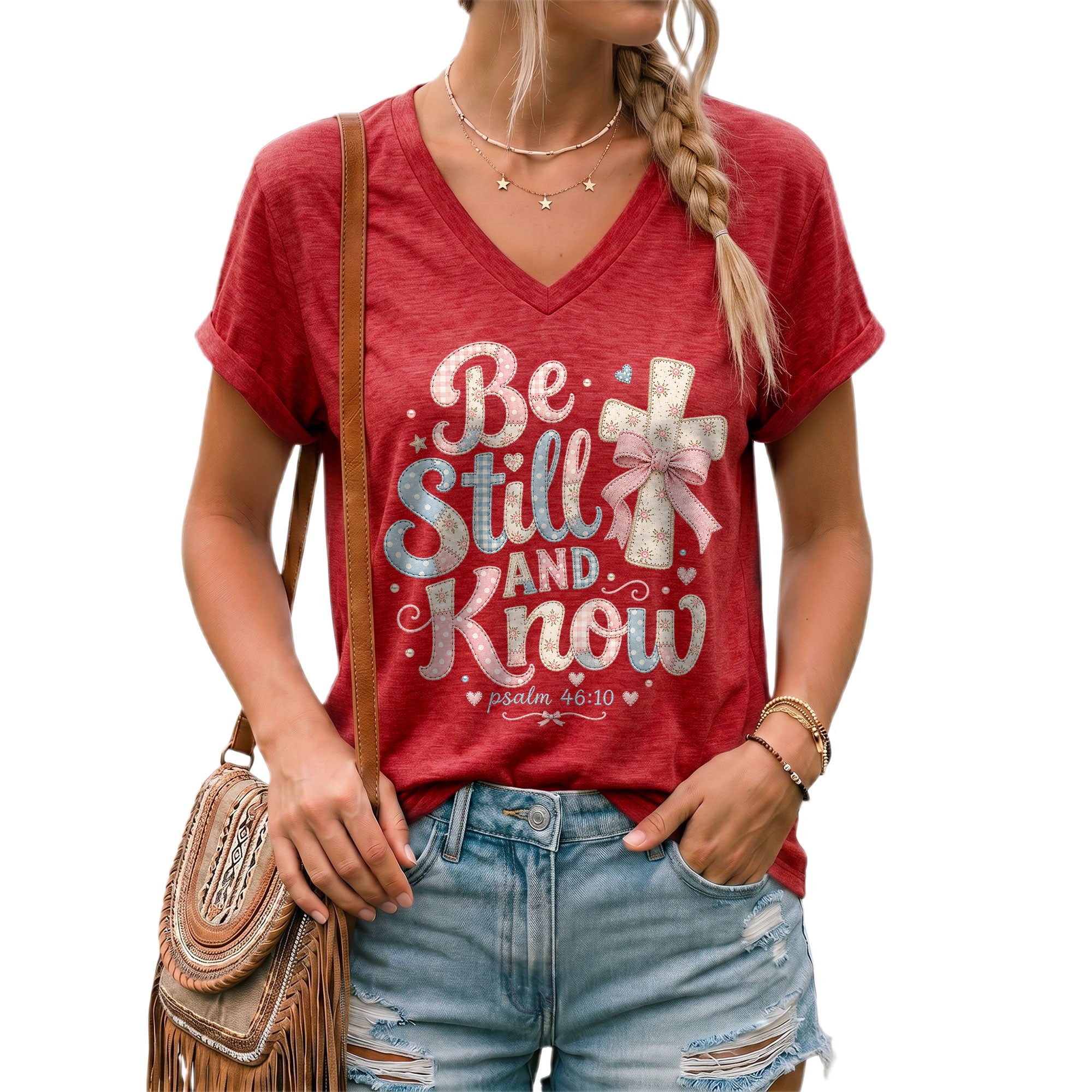 Be Still And Know Pastel Patchwork Cross Psalm 46 10 Christian V Neck Shirt Women