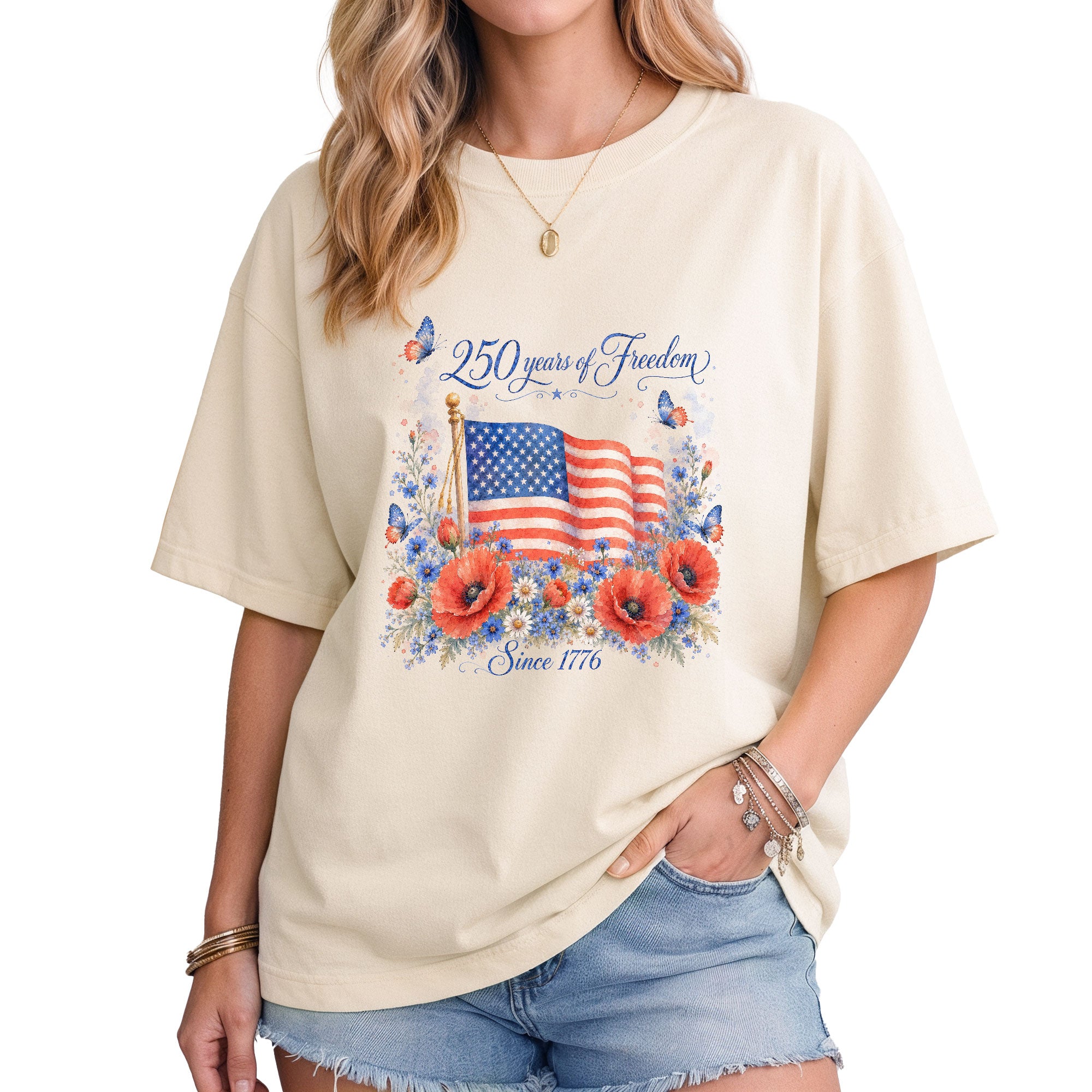 250 Years of Freedom T-Shirt 1776 US Flag Floral Patriotic Women Oversized Graphic Tee