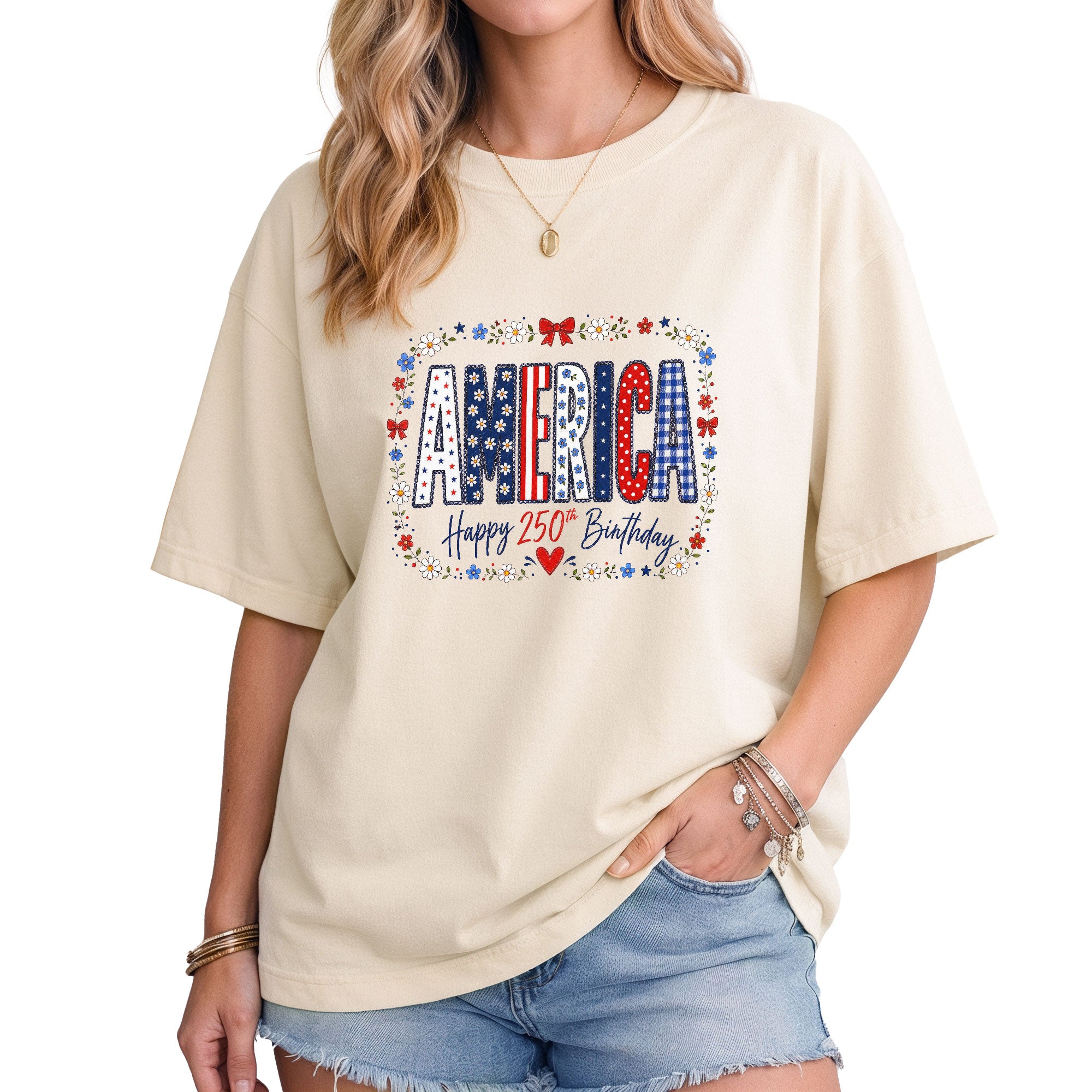 Happy 250th Birthday T-Shirt Patriotic Floral America Graphic Tee Fourth of July