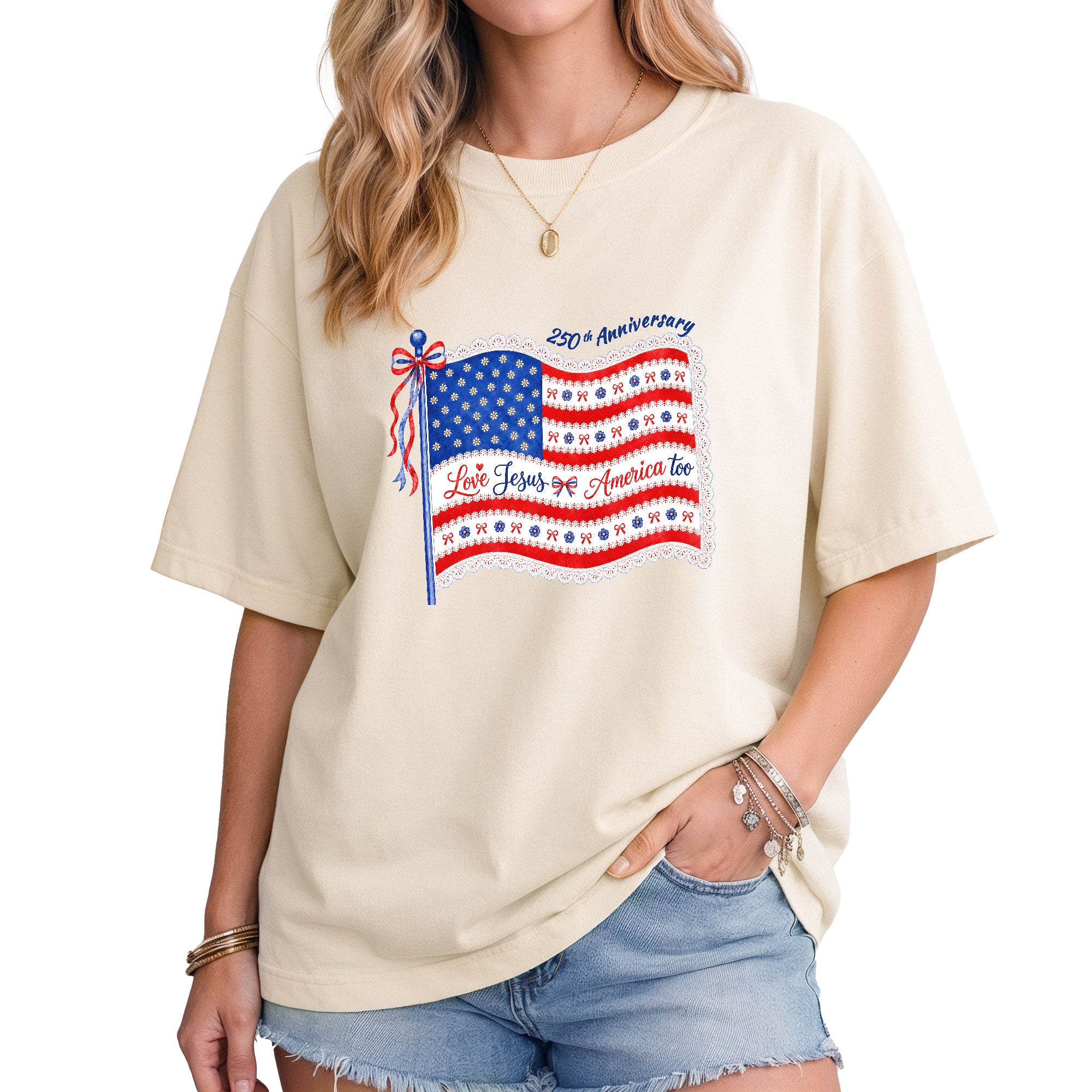 Love Jesus and America Too T-Shirt 250th Anniversary US Flag Floral Women Graphic Tee