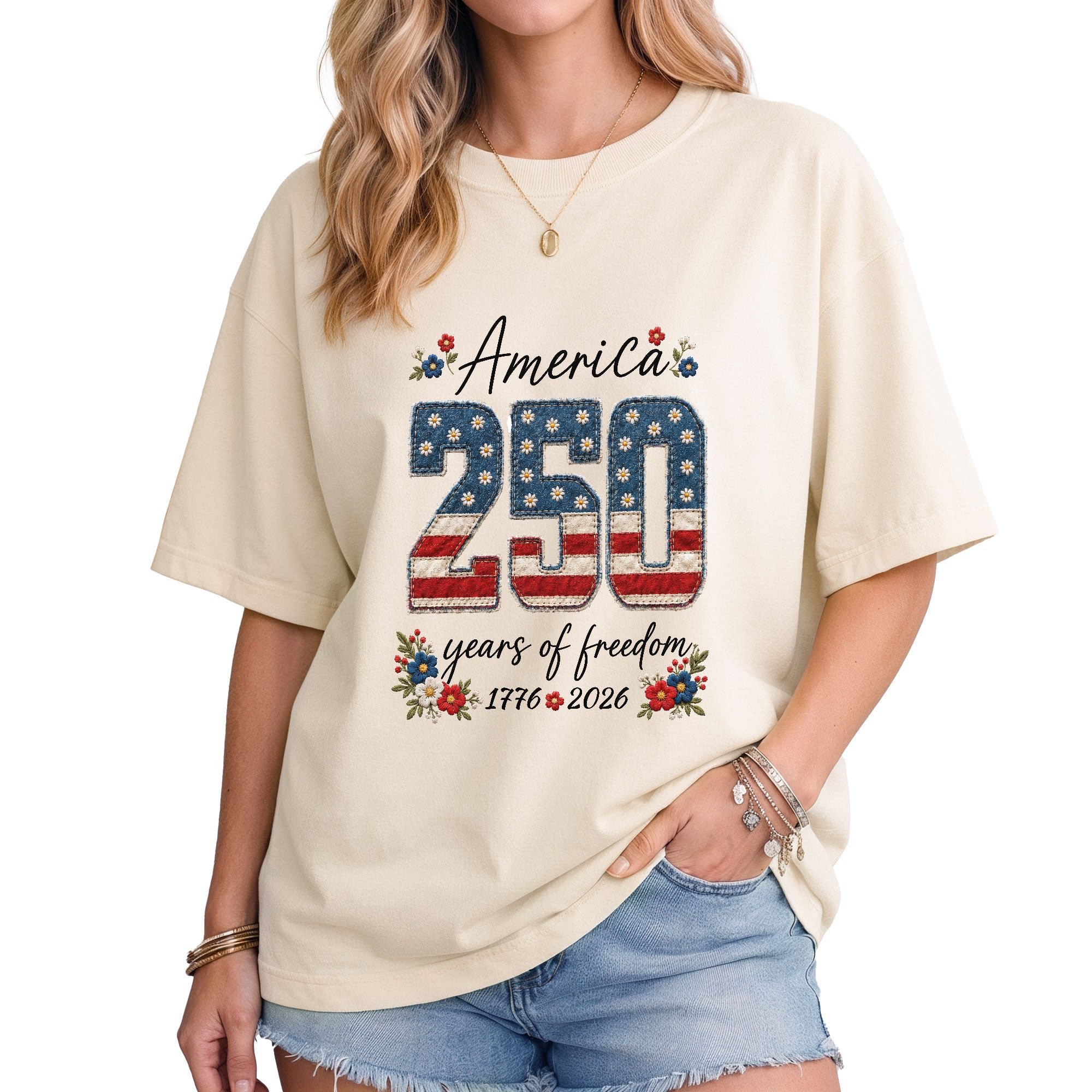 America 250 Years of Freedom T-Shirt 1776 2026 US Flag Floral Patriotic Women Tee