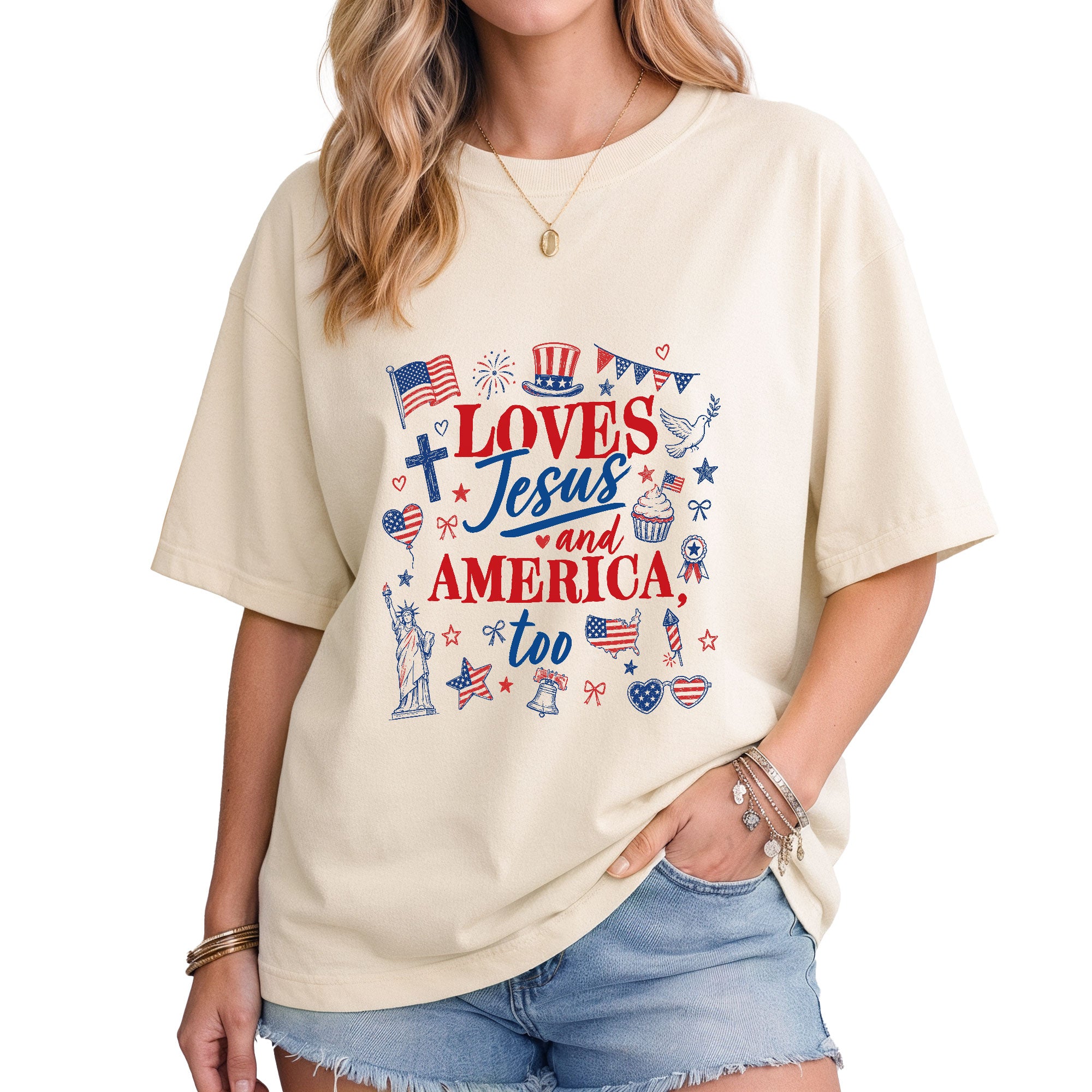 Loves Jesus and America Too Shirt Patriotic Christian Tee Religious United States Apparel