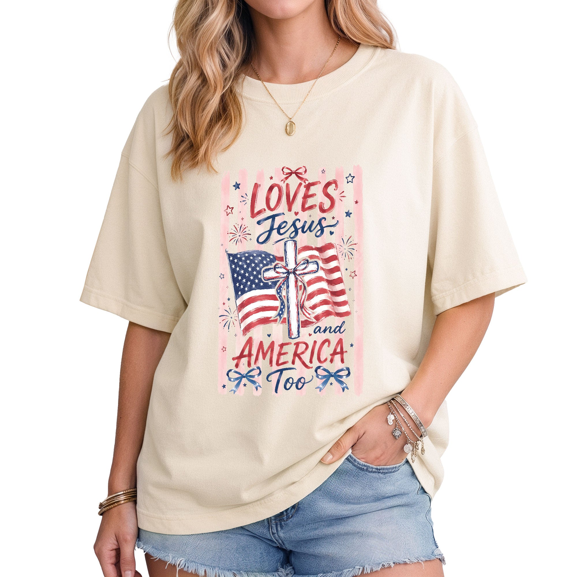 Loves Jesus and America Too Shirt USA Pride Graphic Tee Faithful Patriot Unisex Top Gift