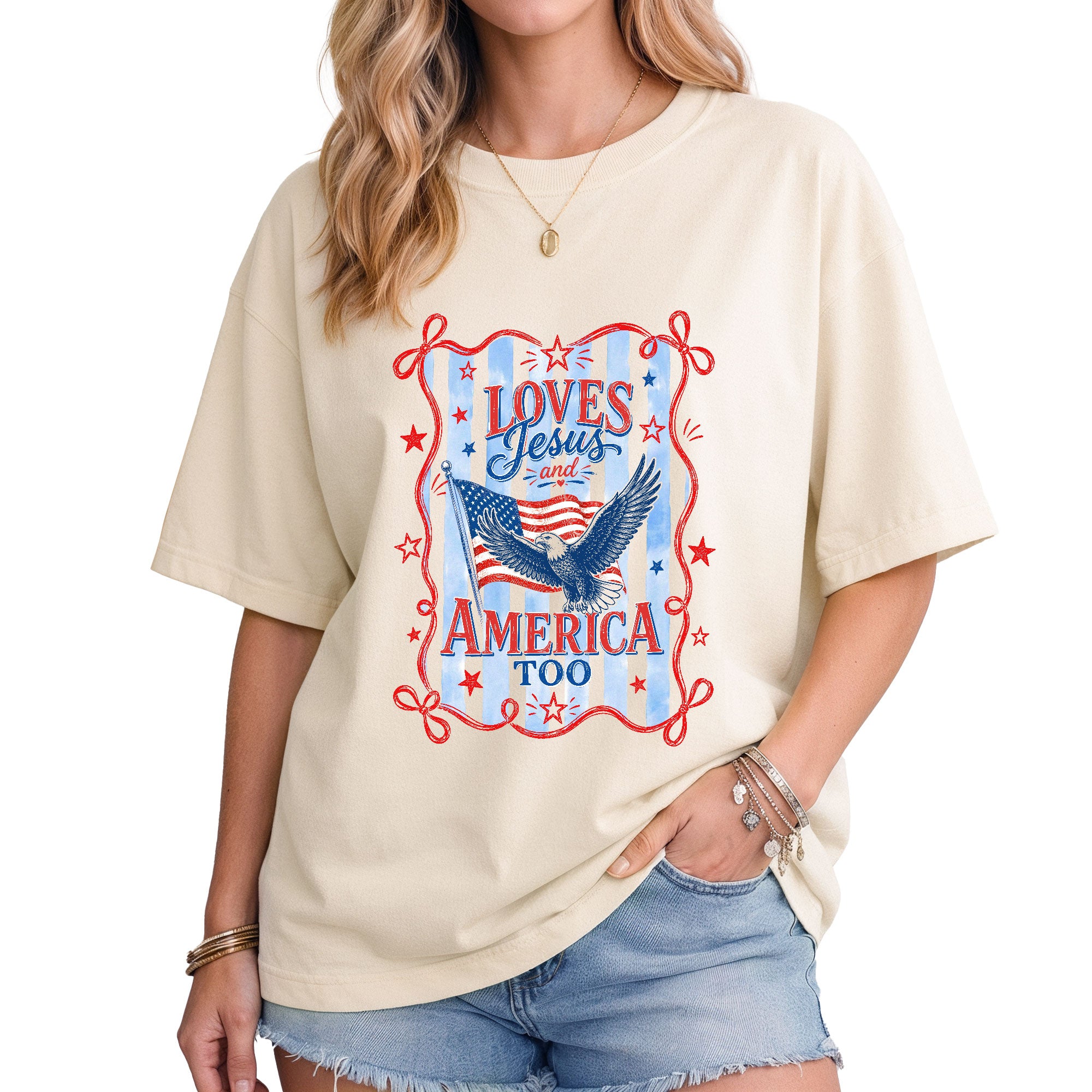 Loves Jesus and America Too Shirt Patriotic Eagle Graphic Tee Christian Faith US Pride Top