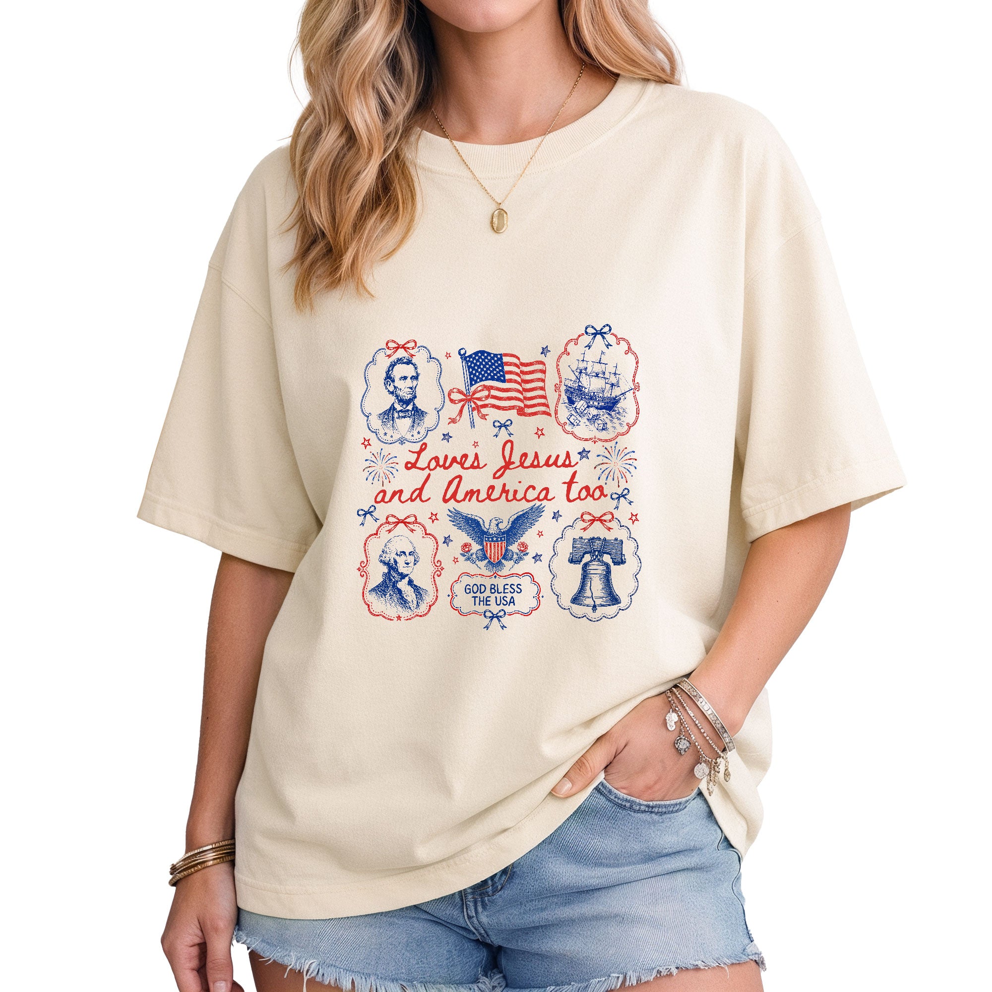 Loves Jesus and America Too Shirt Historical Patriotic Tee Washington Lincoln Faith Top