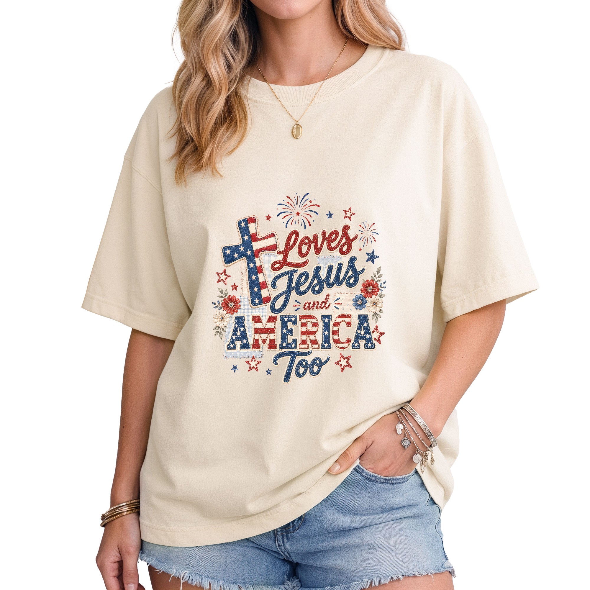 Loves Jesus and America Too Shirt Christian Cross Graphic Tee Patriotic Faith Western Top