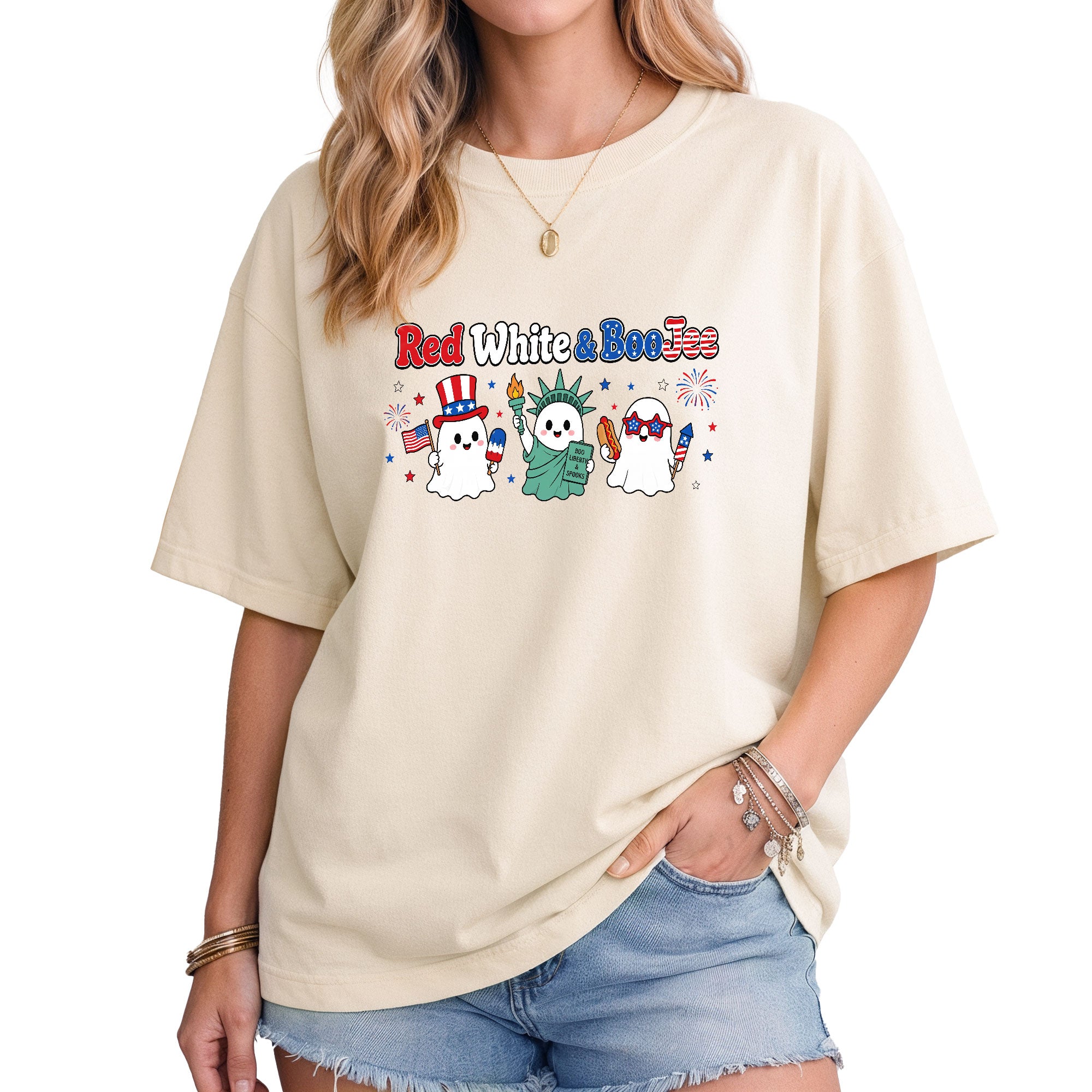 Unique Red White And BooJee Tee Adorable Patriotic Ghost Cartoon Graphic Shirt