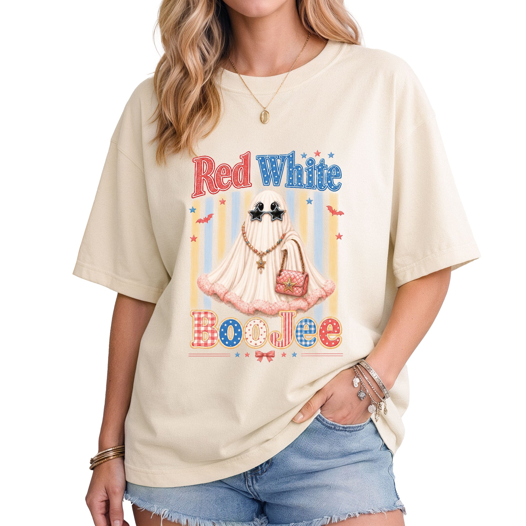 Red White BooJee Ghost Graphic T Shirt Trendy Patriotic Apparel For Unisex Wear