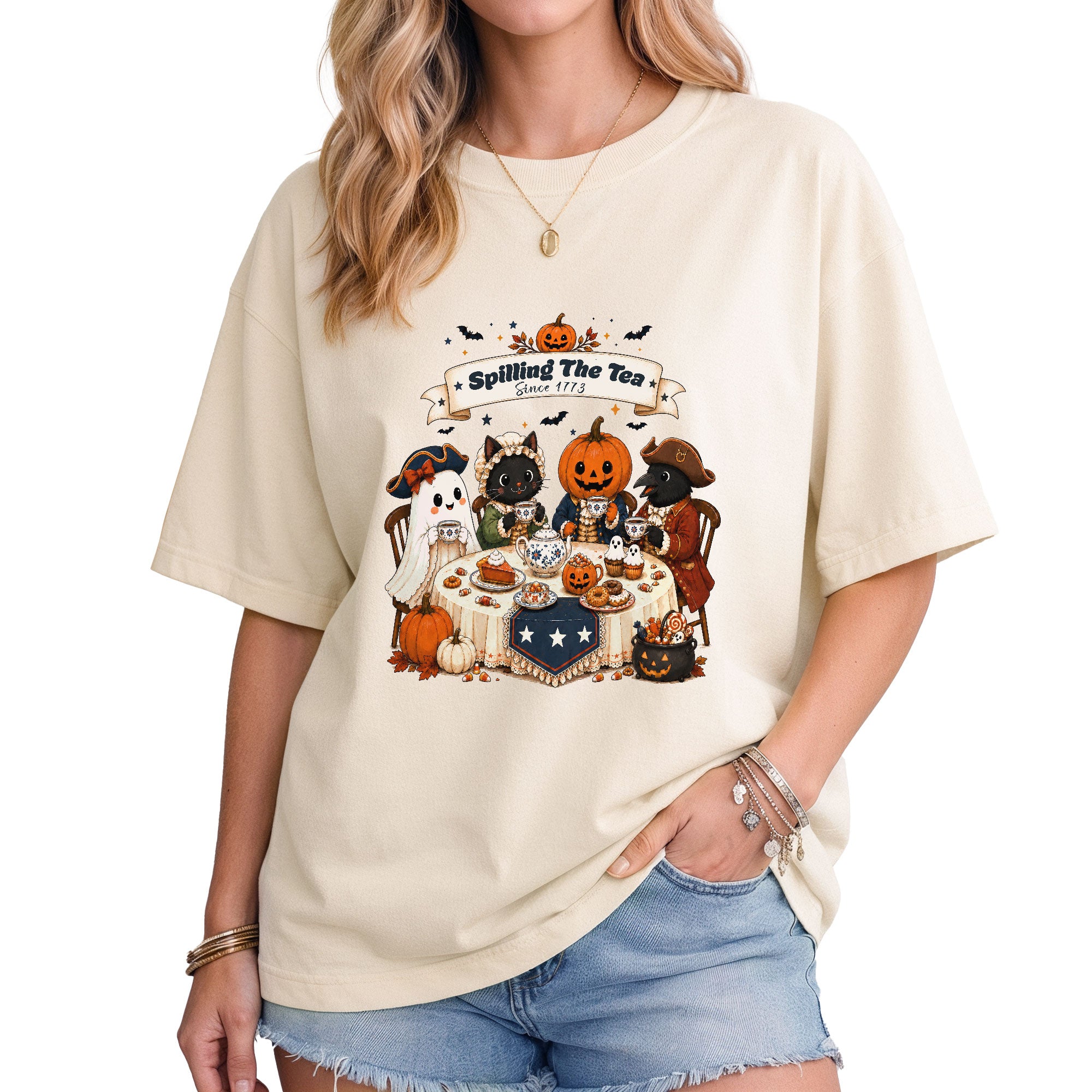 Spilling The Tea Since 1773 Tee Cute Aesthetic Halloween Ghost Cat Pumpkin Fall Shirt
