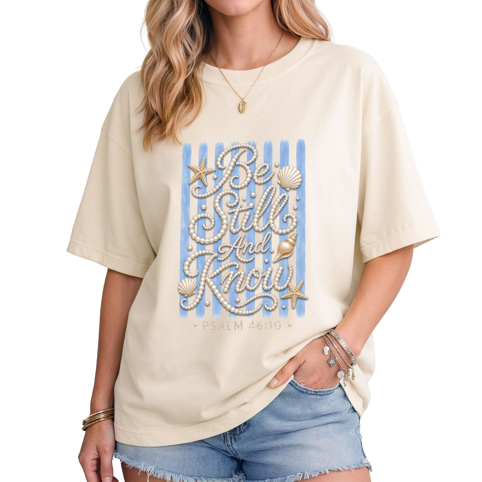 Be Still And Know Shirt Pearl Lettering Ocean Beach Christian Psalm 46 10 Graphic Tee