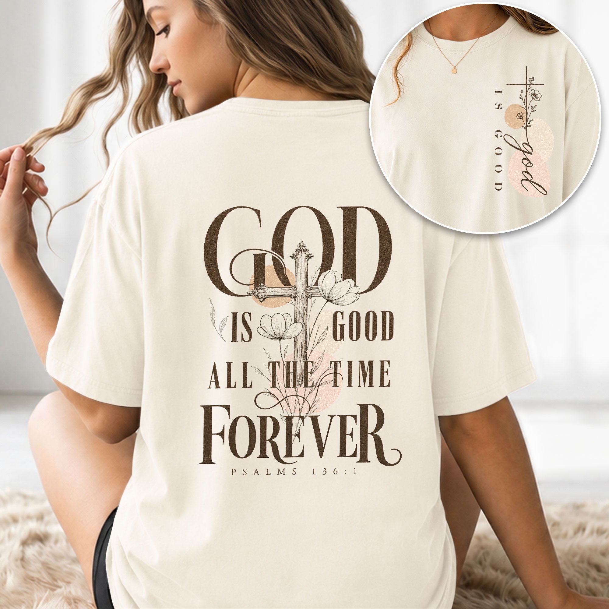 God Is Good Shirt Women Floral Cross Christian T-Shirt Faith Psalms 136 Scripture Tee