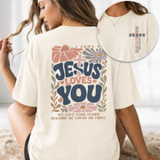 Jesus Loves You Retro Floral Cross Christian Graphic Casual Basic Tee Shirt Women