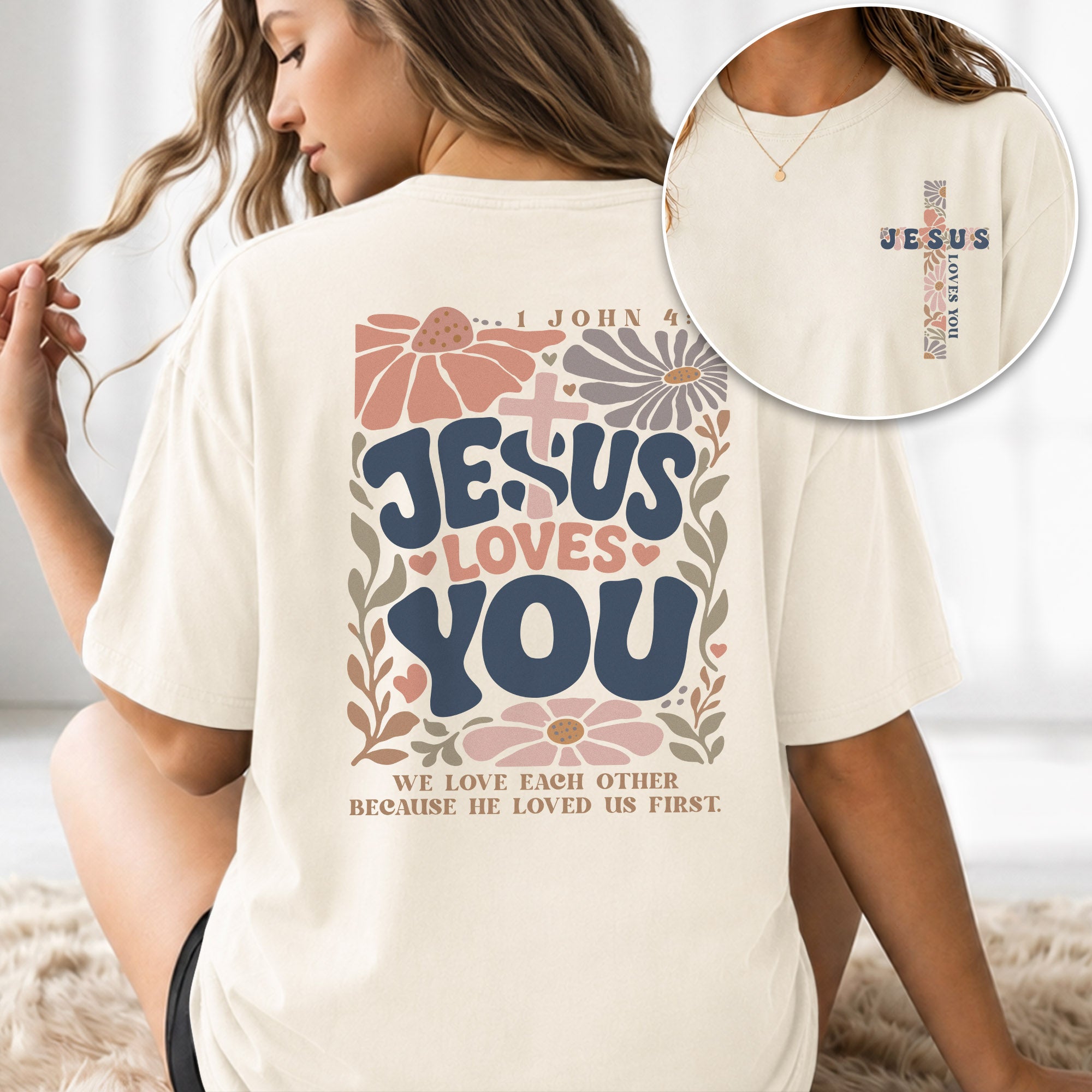 Jesus Loves You Retro Floral Cross Christian Graphic Casual Basic Tee Shirt Women