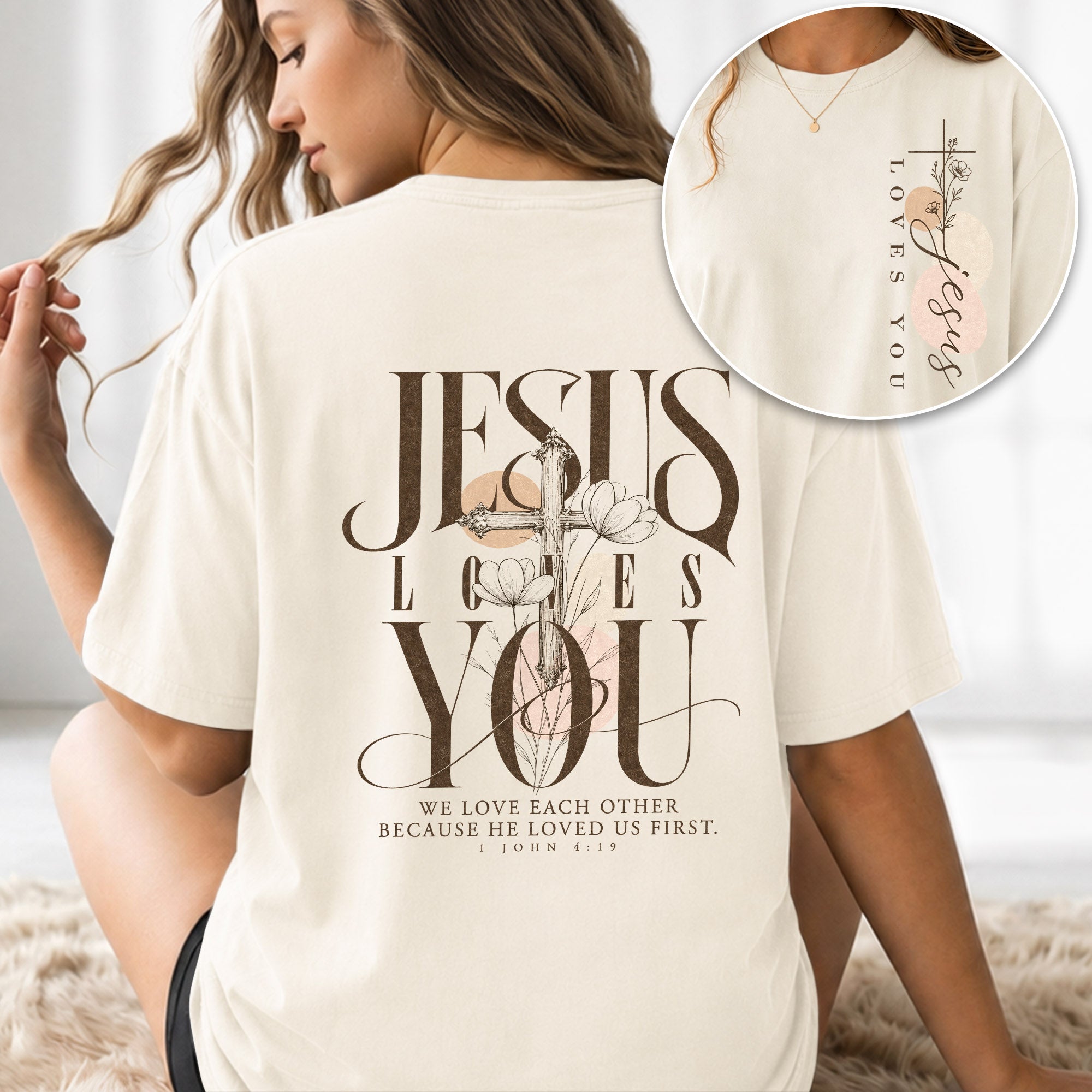 Jesus Loves You Cross Floral Christian Graphic Everyday Tee Shirt For Women Apparel