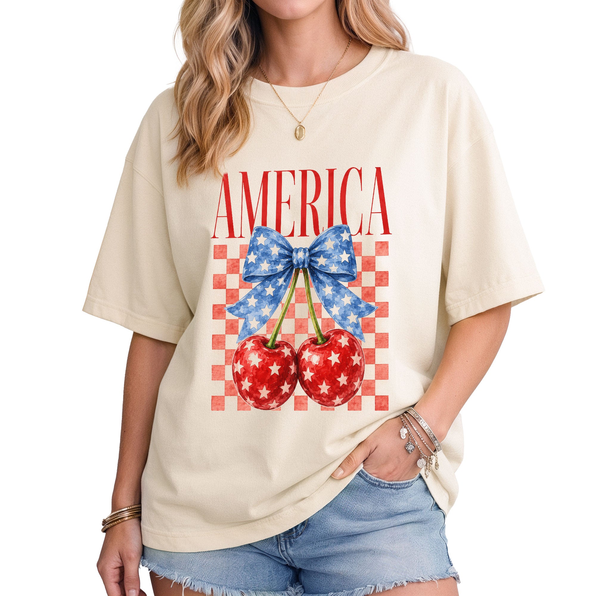 America Cherry Graphic T-Shirt Cute Patriotic Stars Bow Vintage Aesthetic Tee