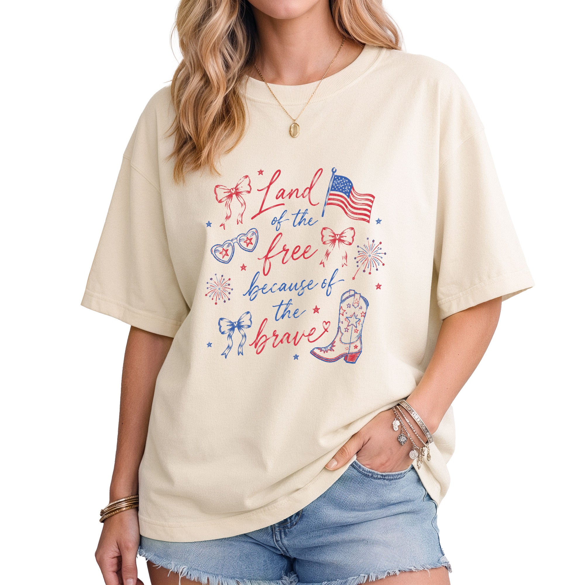 Land Of The Free Because Of The Brave T-Shirt Patriotic Cowgirl Boots Graphic Tee