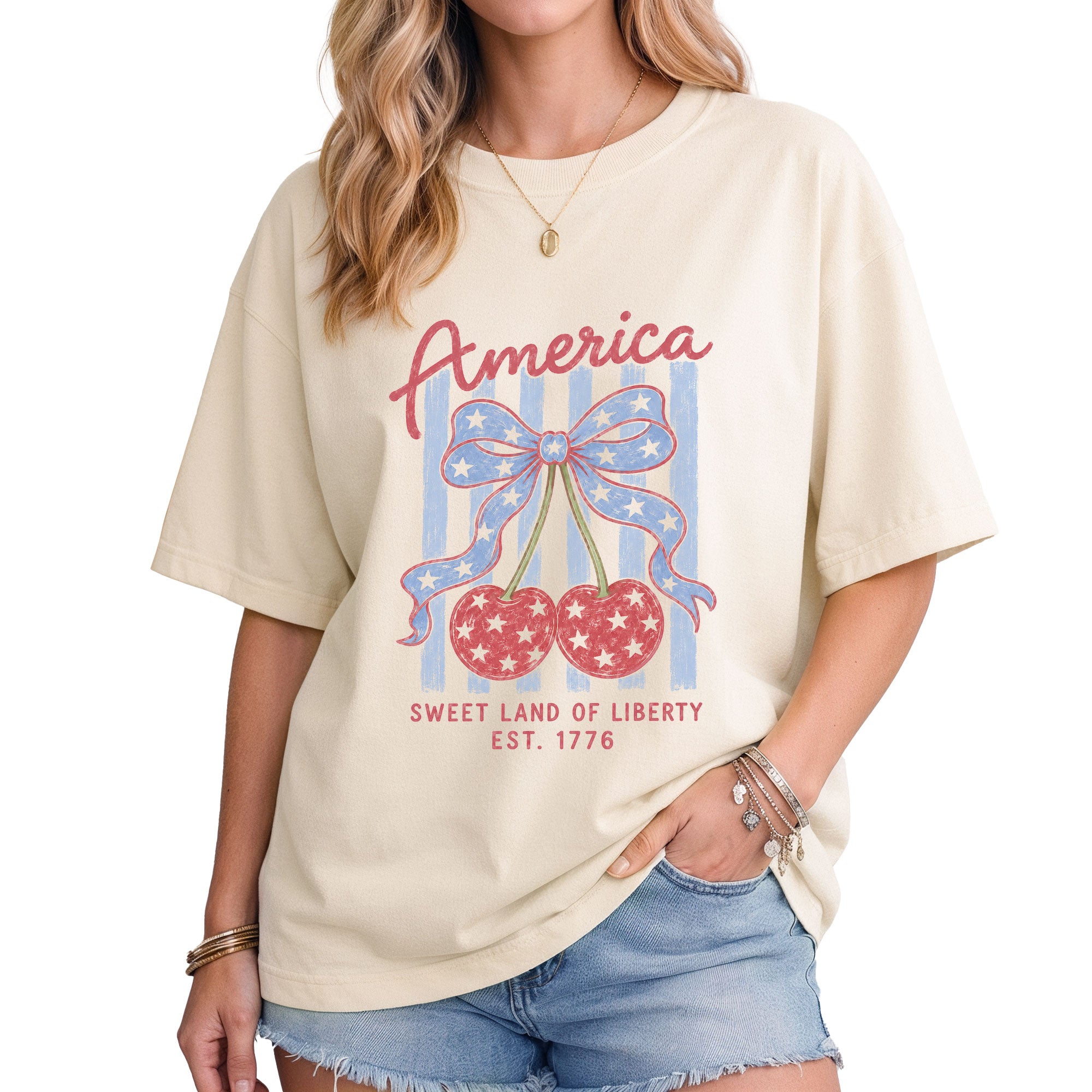 America Sweet Land Of Liberty T-Shirt Vintage Patriotic Cherry Stars Bow Graphic Tee