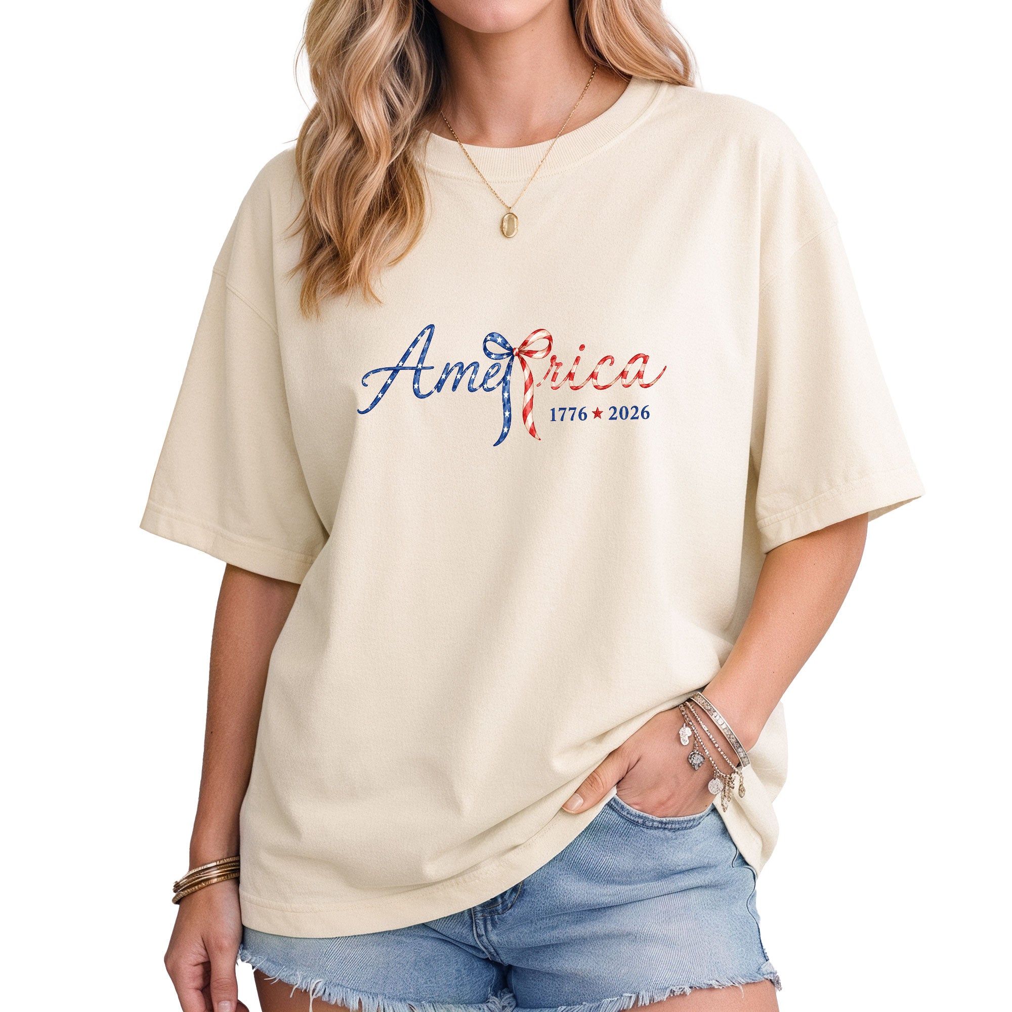 America 1776 2026 T-Shirt Cute Patriotic Stars Stripes Bow Graphic Aesthetic Tee