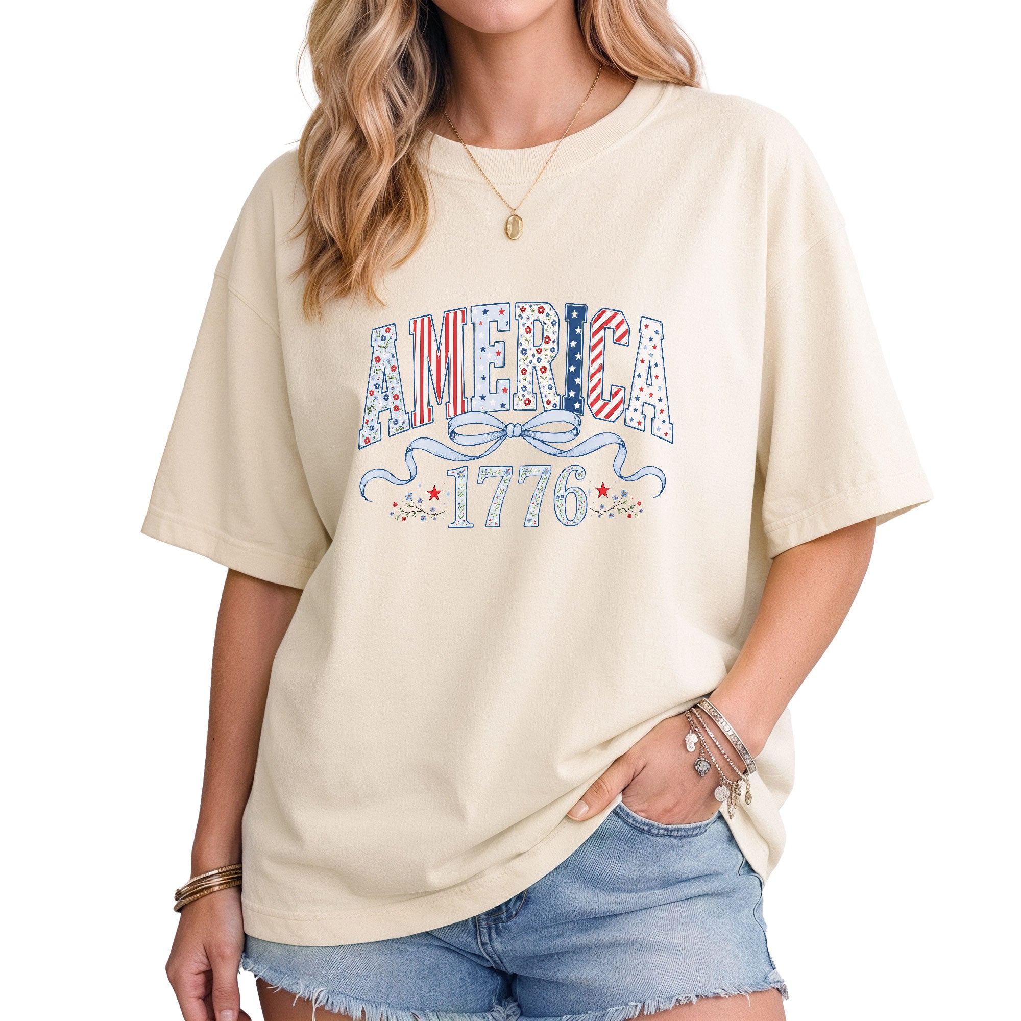 America 1776 Floral T-Shirt Vintage Patriotic Coquette Bow Stars Graphic Tee