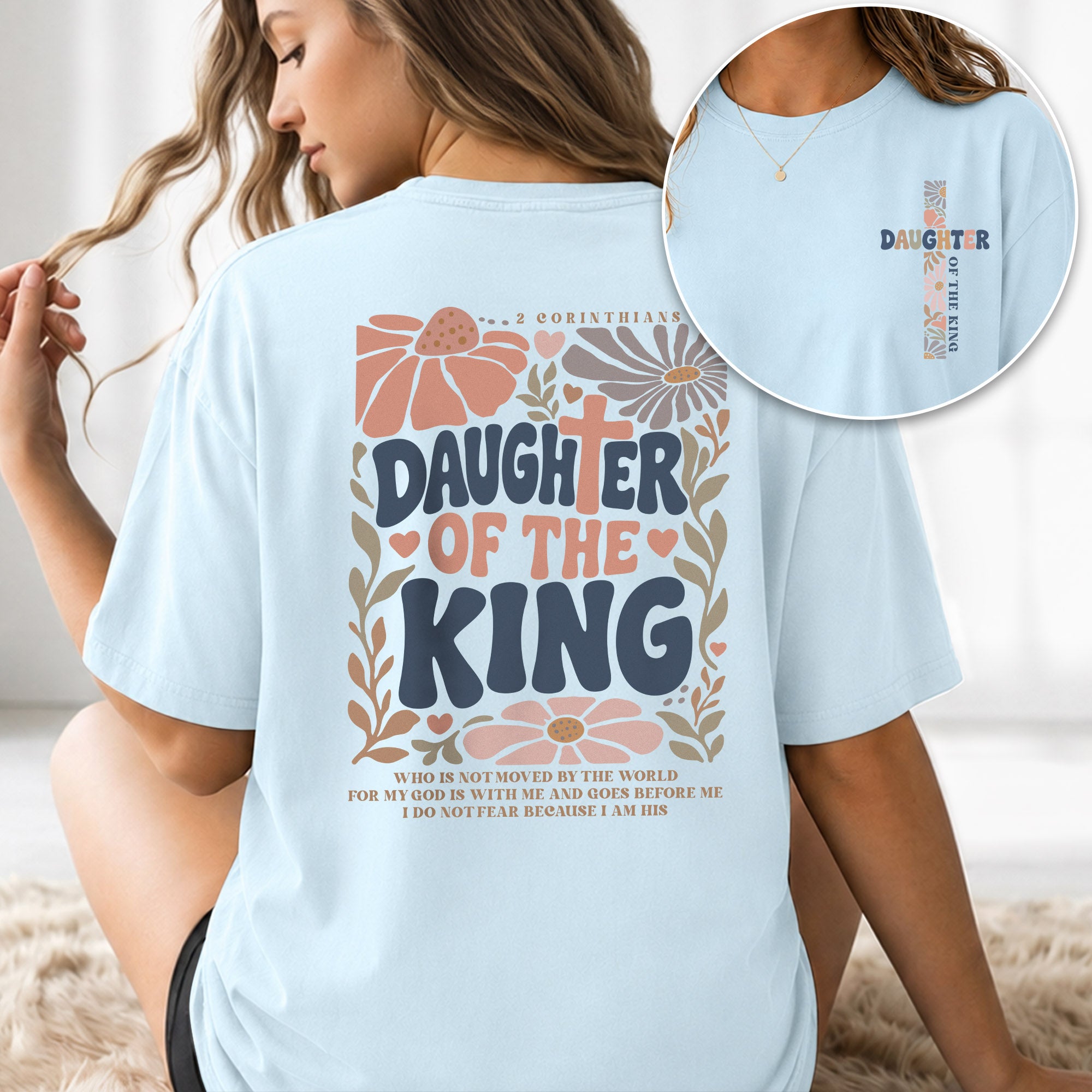 Daughter Of The King Retro Floral Cross Christian Graphic Everyday Tee Shirt Women