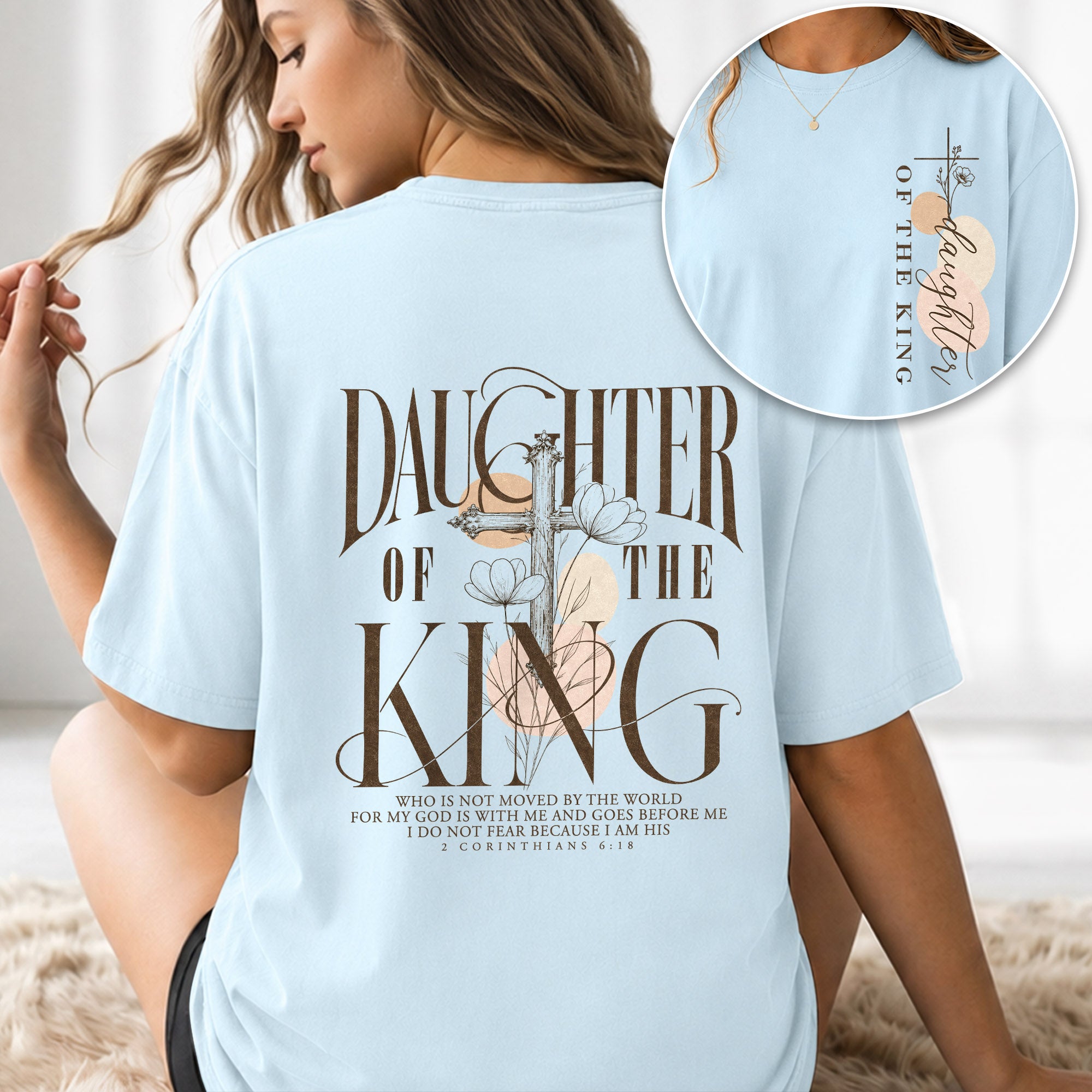 Daughter Of The King Cross Floral Christian Graphic Everyday Tee Shirt For Women