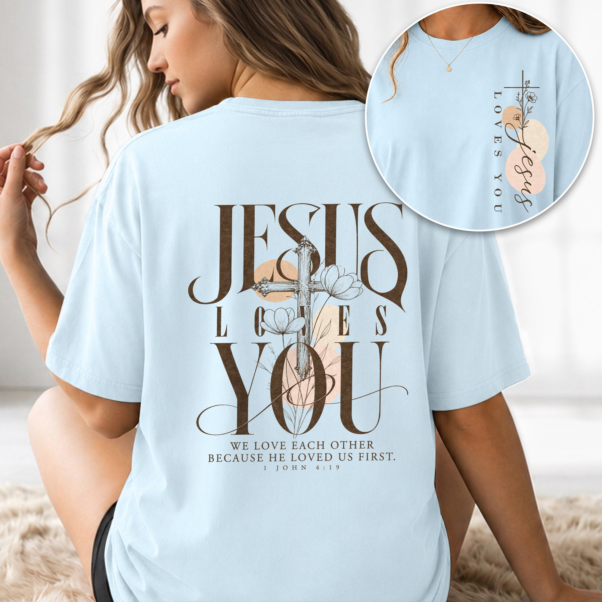 Jesus Loves You Cross Floral Christian Graphic Everyday Tee Shirt For Women Apparel