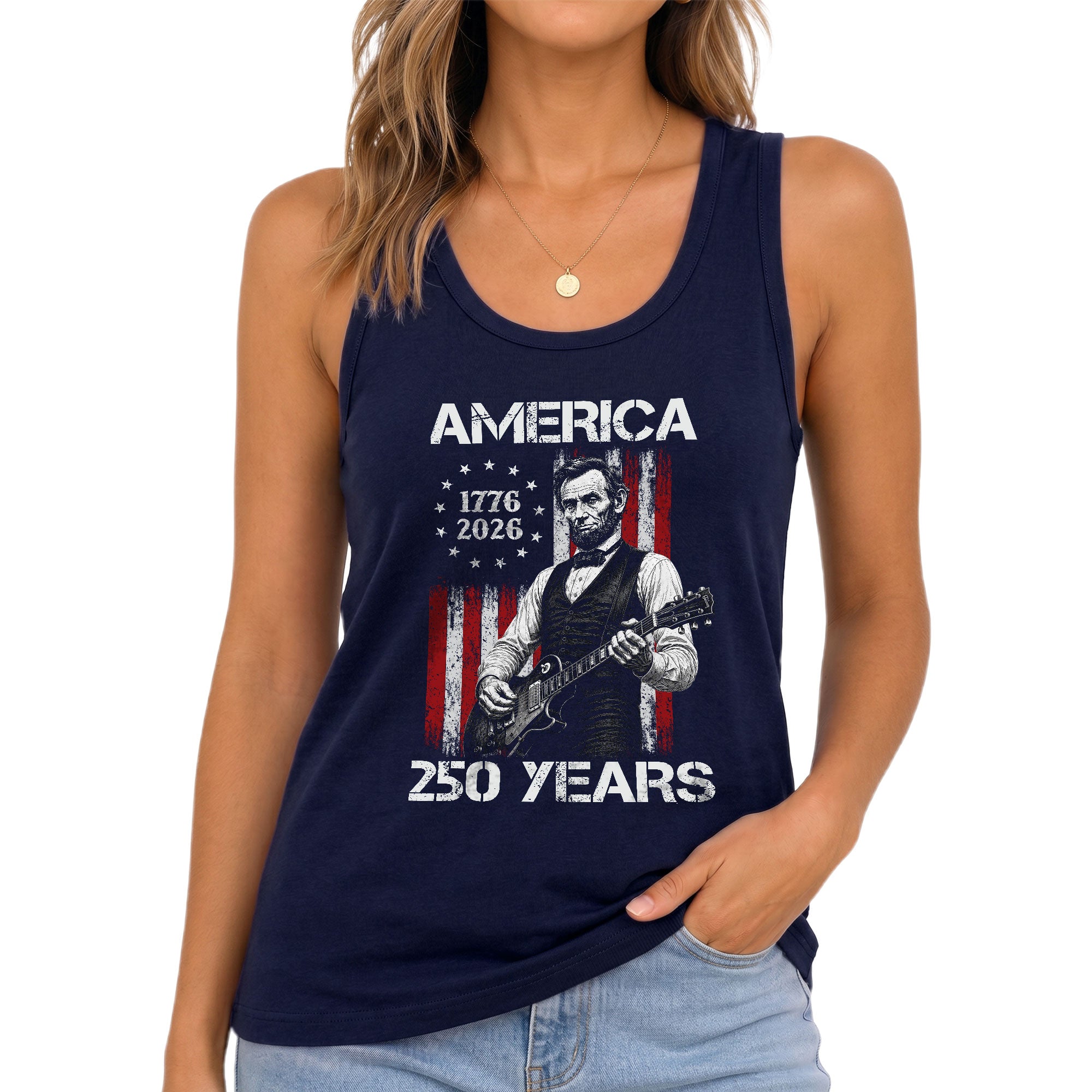 Tank Top Women America 250 Years 1776-2026 Abraham Lincoln Guitar Patriotic Sleeveless