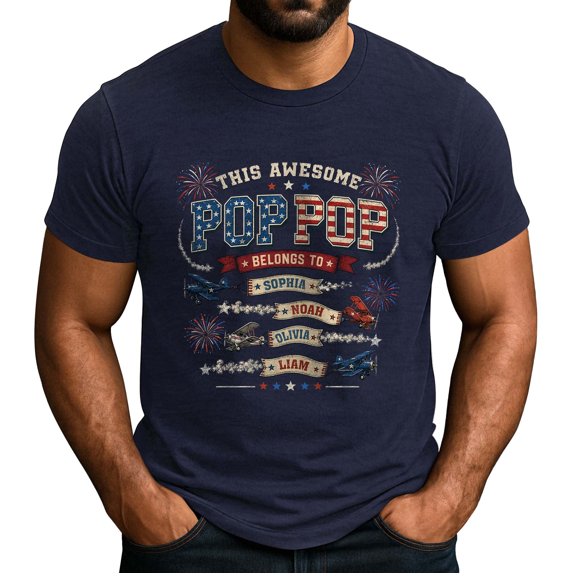 Retro Biplane Graphic Tee Custom Names Personalized Title All Ages Matching Shirt